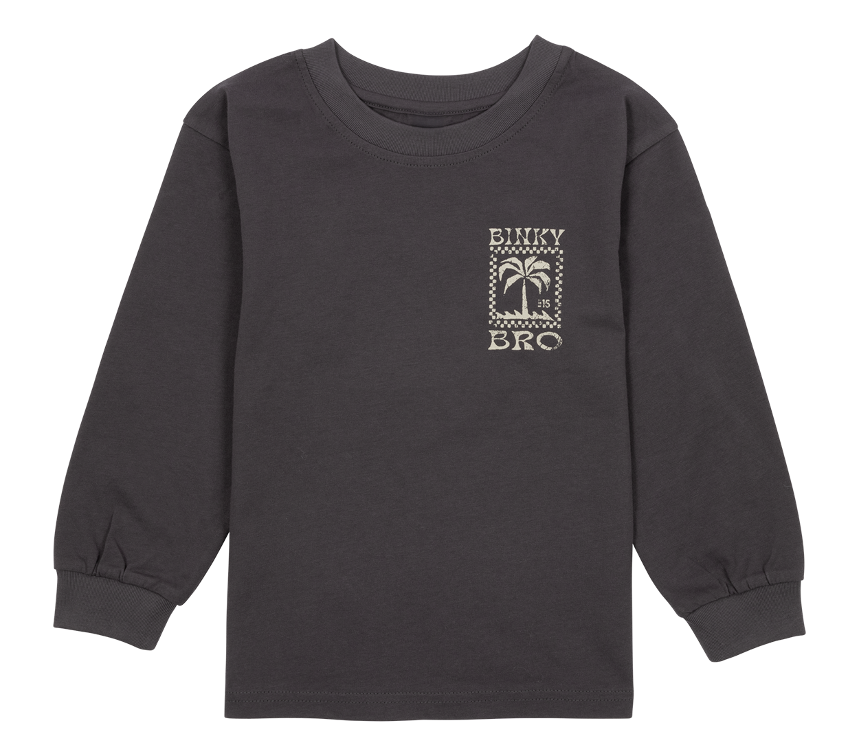 Long-sleeve dark gray shirt featuring a stylish palm tree graphic and BinkyBro logo, perfect for kids' casual wear.