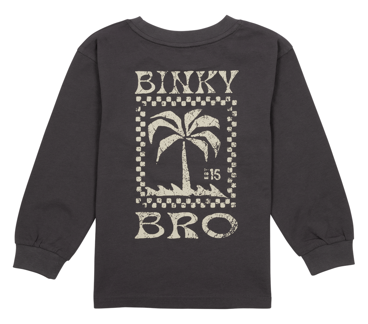 Dark long-sleeve shirt featuring a palm tree graphic and "Binky Bro" text, ideal for stylish kids' casual wear.