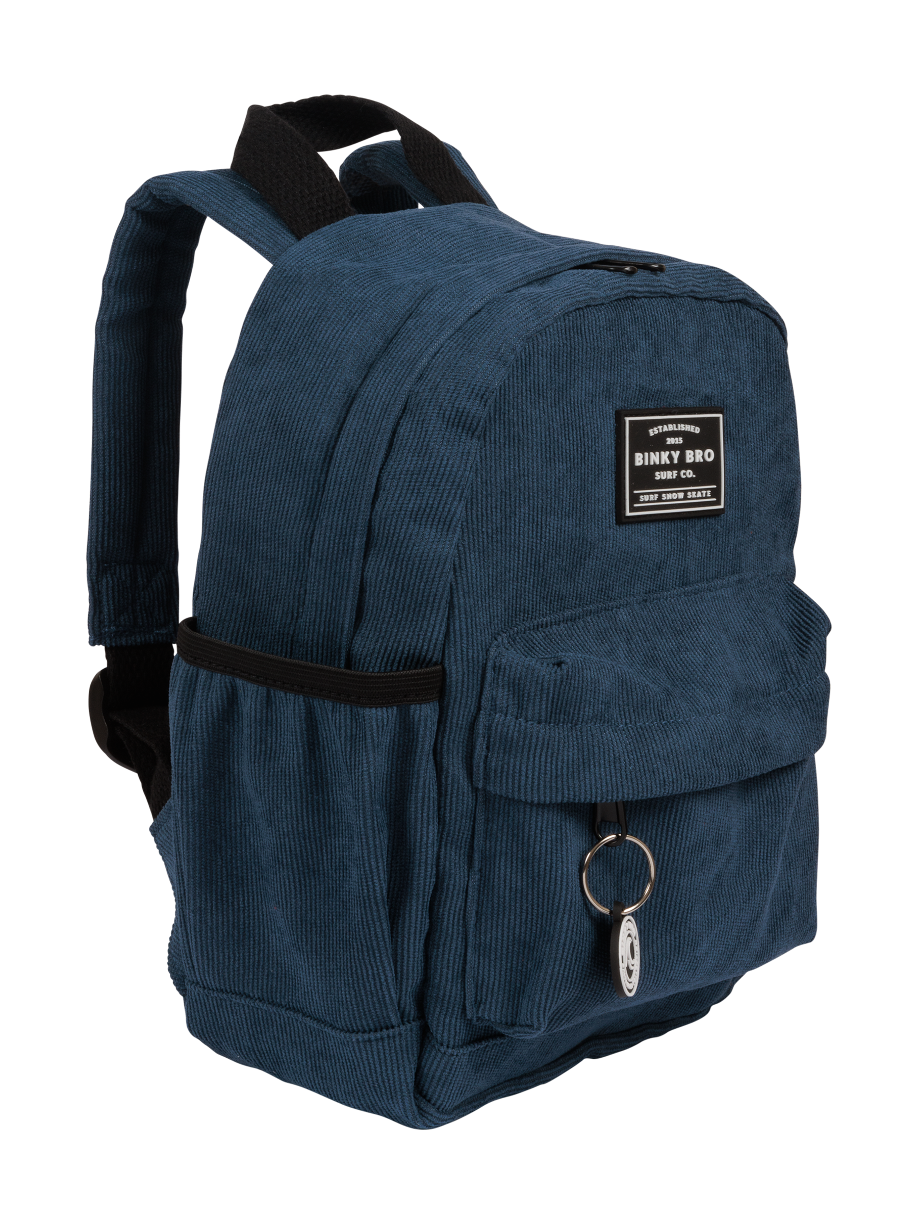 Navy corduroy backpack with adjustable straps and front pocket, featuring a stylish BinkyBro logo. Perfect for kids.