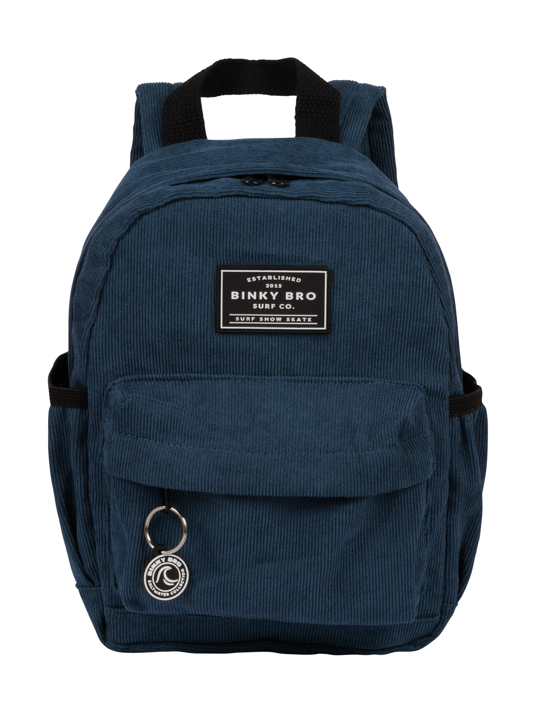 Navy corduroy backpack featuring a front pocket, adjustable straps, and a stylish logo patch. Ideal for kids.