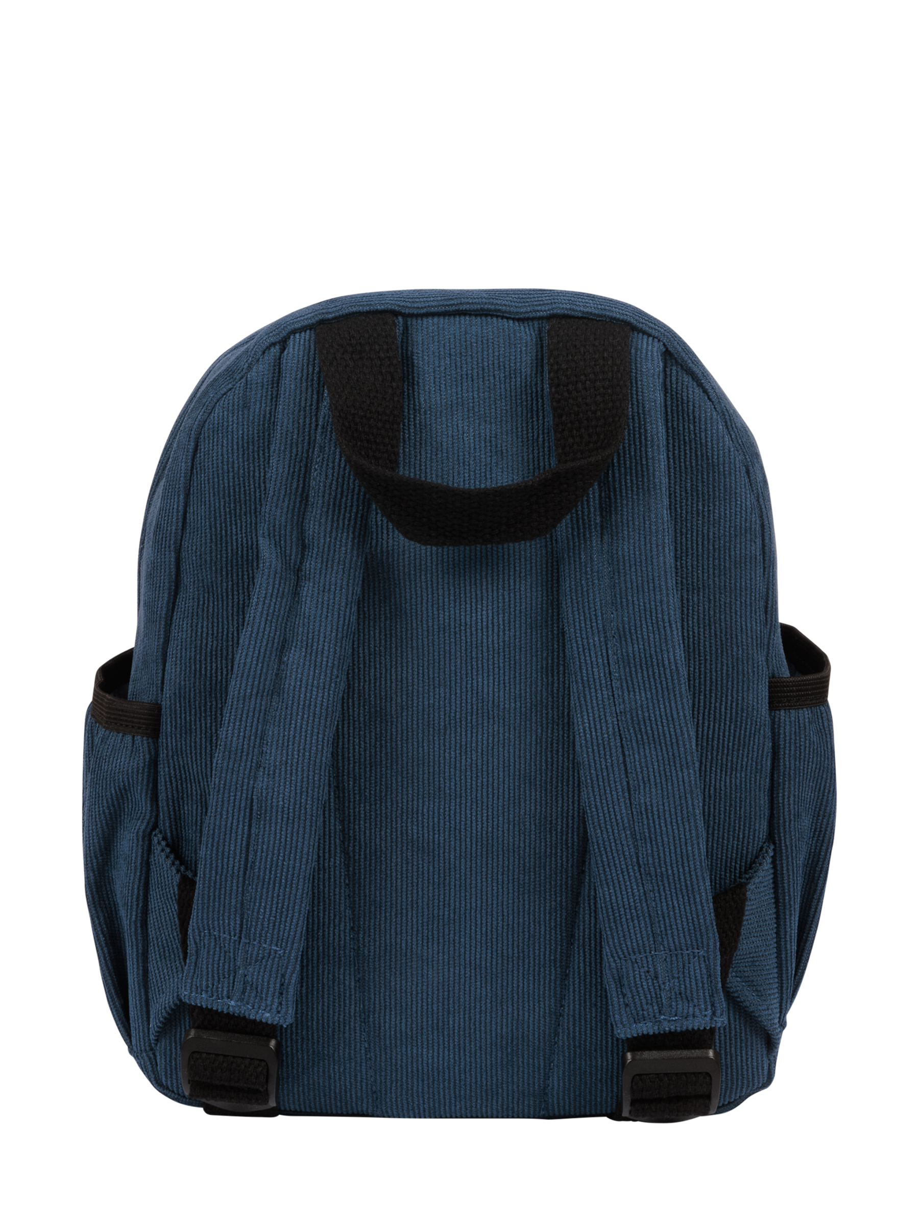 Navy corduroy backpack with black straps and two side pockets, designed for kids' stylish everyday use.