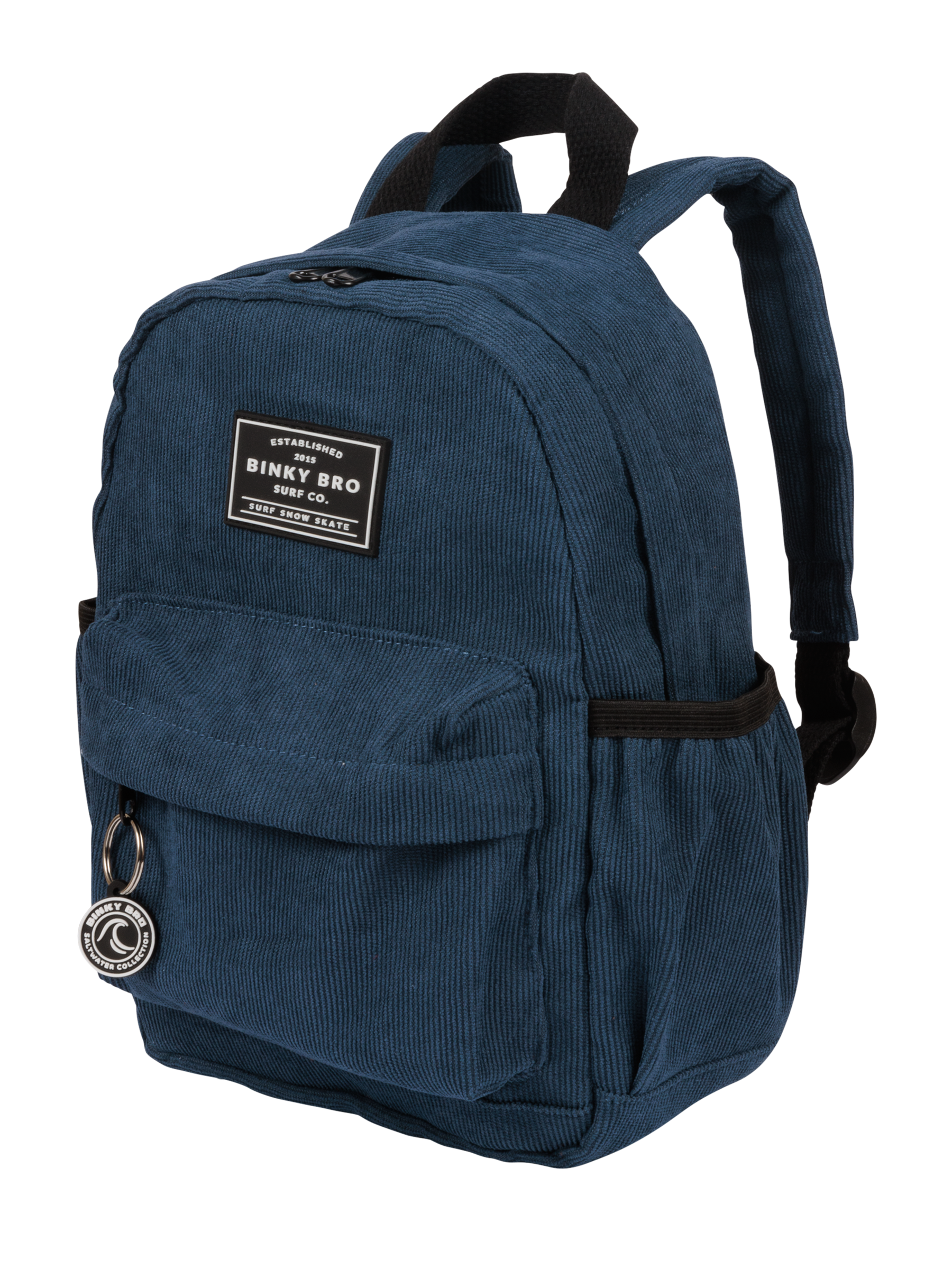 Navy corduroy backpack featuring a front pocket and adjustable straps, designed for kids' stylish adventures.