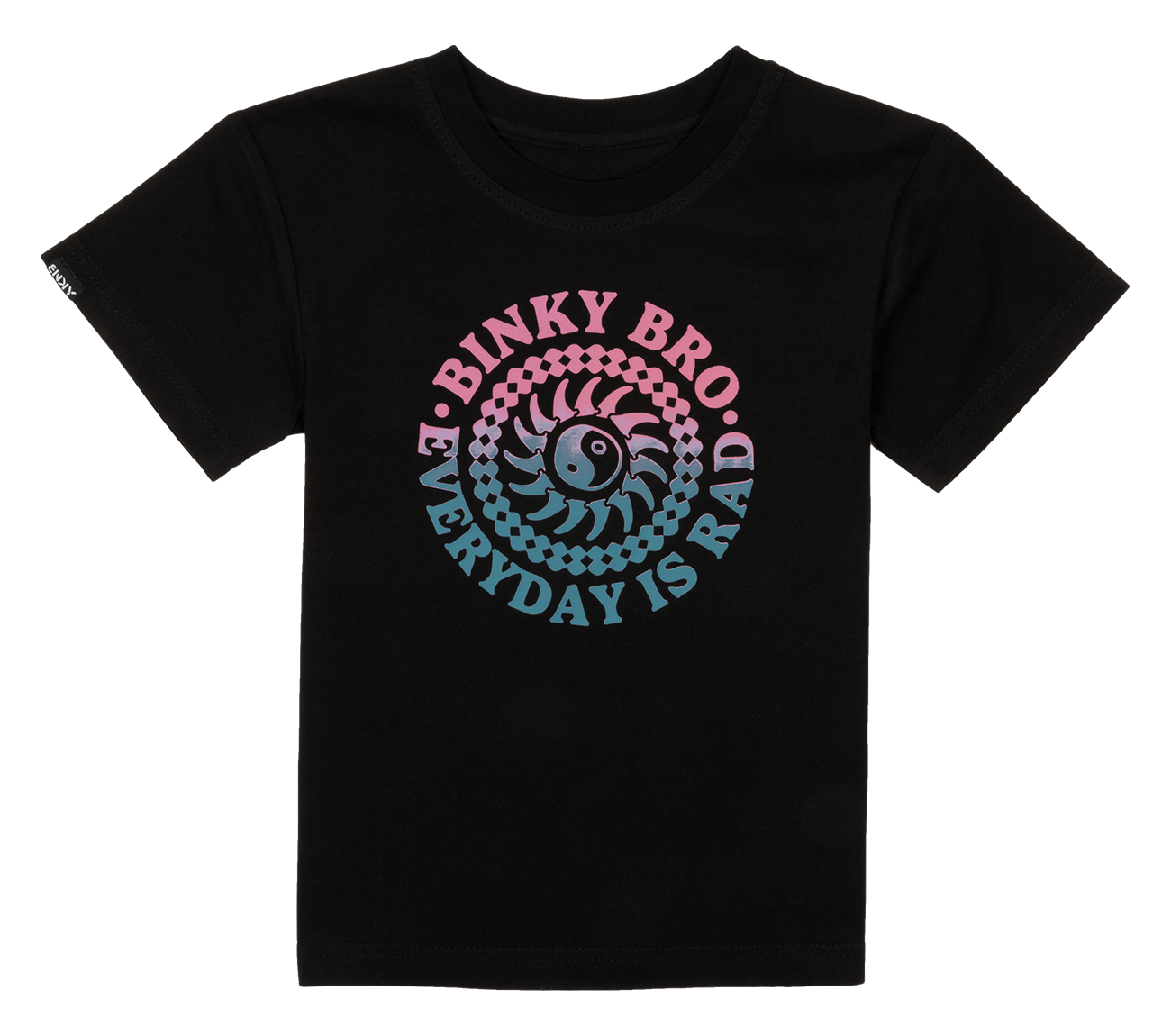 Black t-shirt featuring a colorful circular graphic with the text "Binky Bro Everyday is Rad" and a stylized sun design.