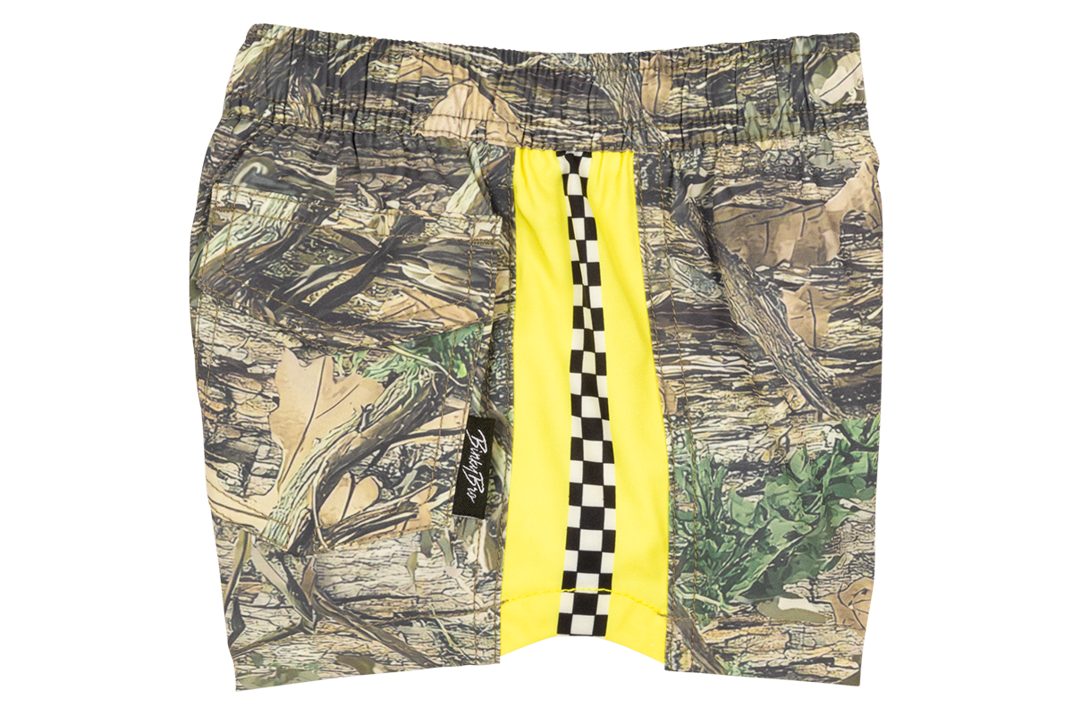 Stylish Norfolk swim shorts featuring a camouflage pattern with a vibrant yellow and checkered stripe detail.