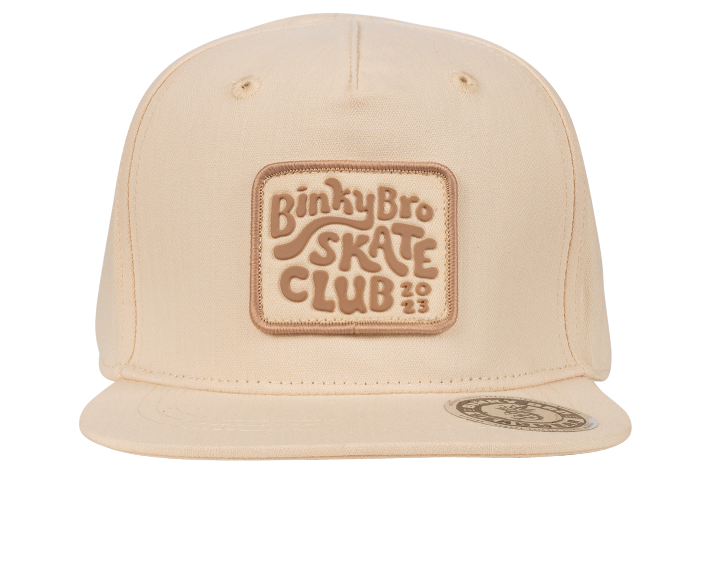 Beige snapback hat featuring a textured "BinkyBro Skate Club" patch, perfect for stylish kids who love skate culture.