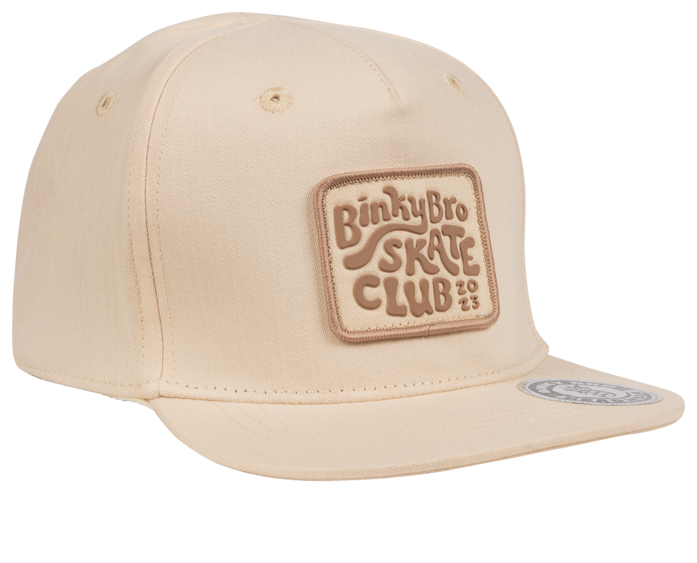 Cream-colored snapback cap featuring a textured BinkyBro Skate Club patch on the front, perfect for stylish kids.