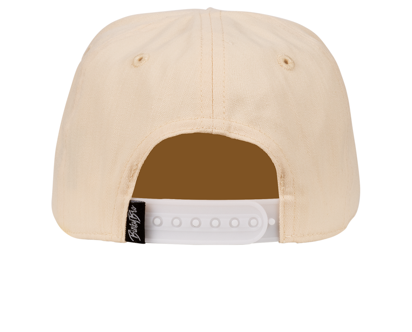Back view of a beige snapback hat featuring an adjustable strap, designed for stylish infants and toddlers.