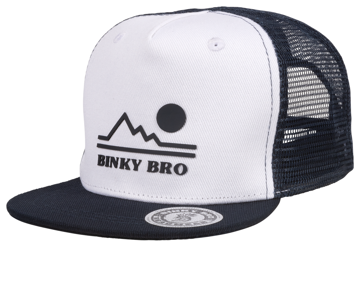 Stylish white and navy snapback hat featuring a mountain and sun design, perfect for infants and toddlers.