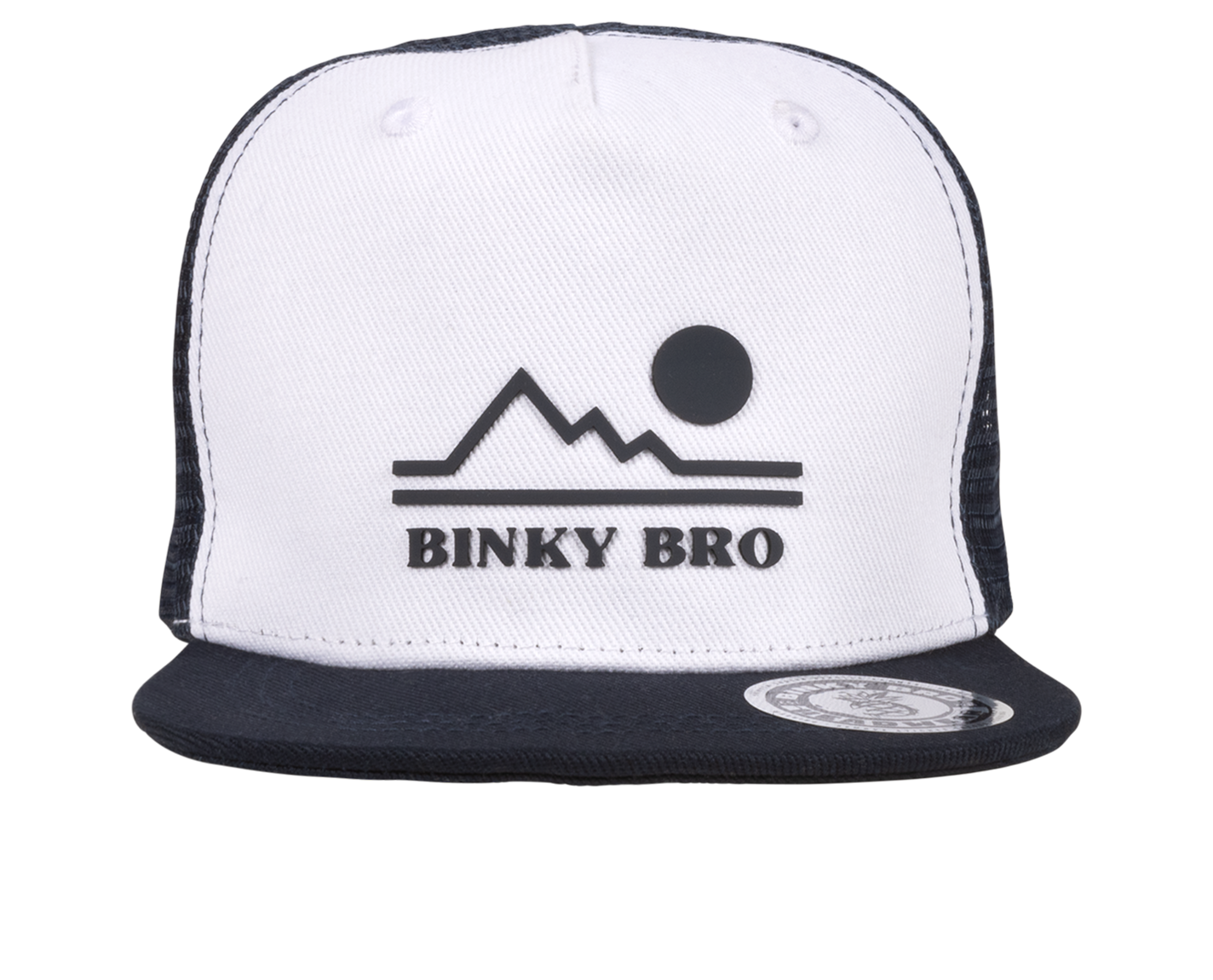 Stylish Binky Bro snapback hat featuring a mountain and sun graphic in black and white, perfect for kids' outdoor adventures.