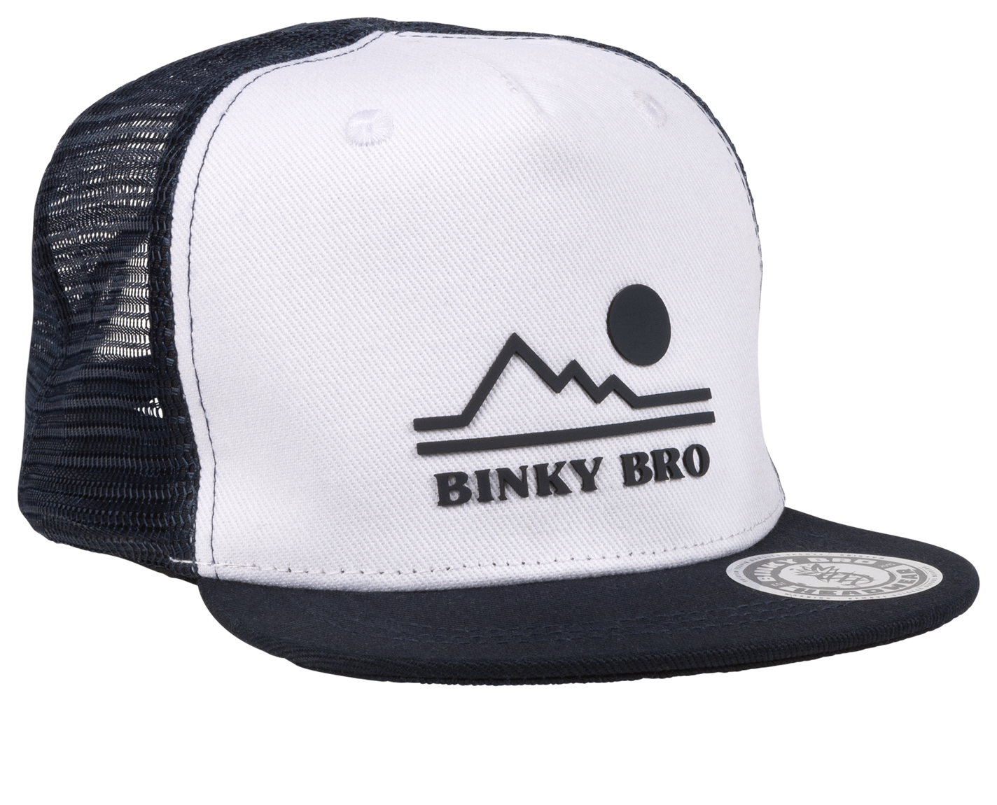 Stylish Binky Bro Old Mans snapback hat featuring a white front, navy brim, and mesh back with mountain and sun design.