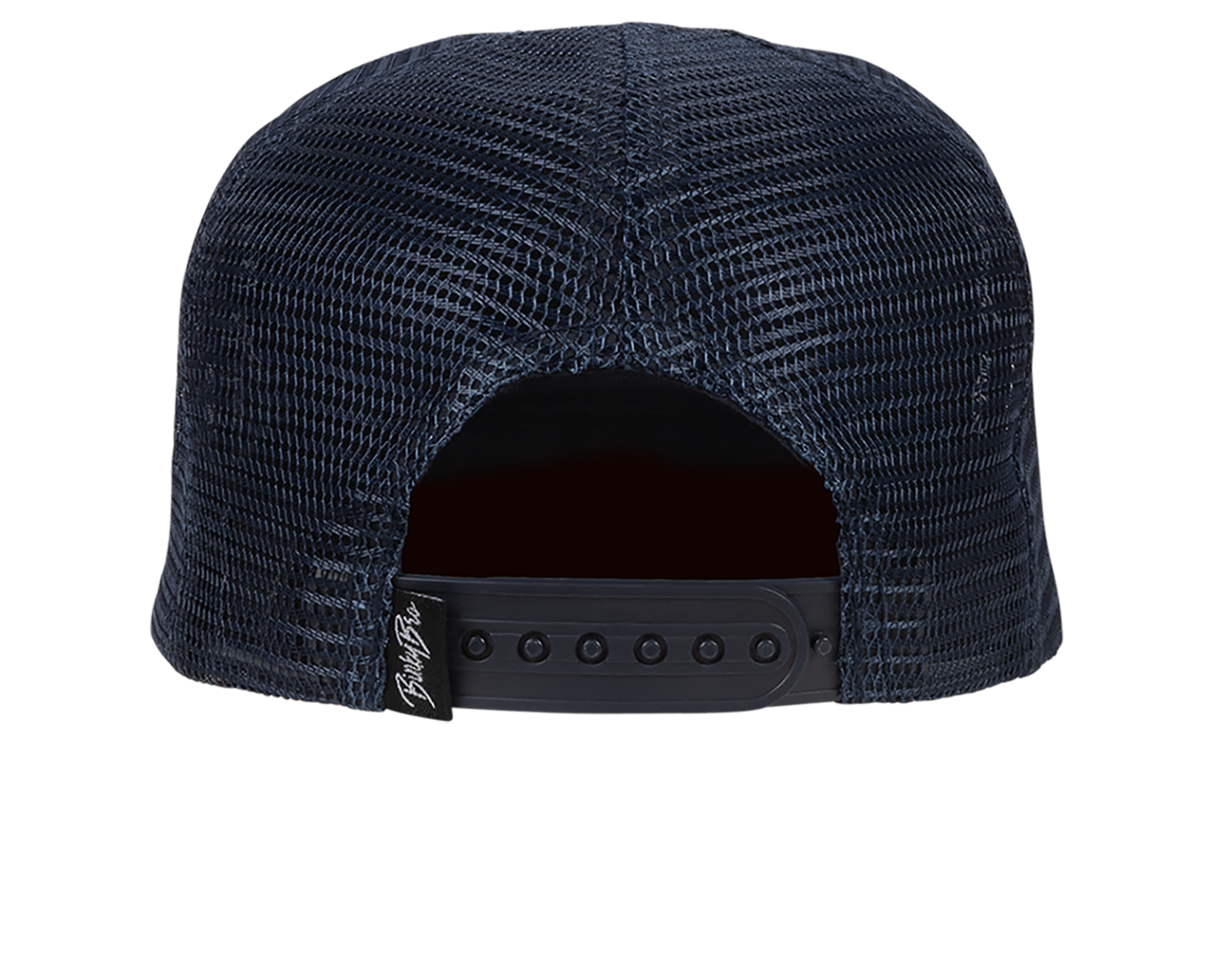 Back view of a navy mesh snapback hat designed for kids, featuring a classic style and adjustable strap.