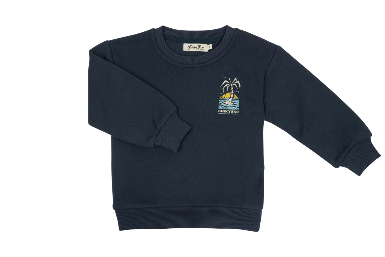 Navy blue sweatshirt featuring a colorful beach-themed graphic, perfect for stylish kids' casual wear.