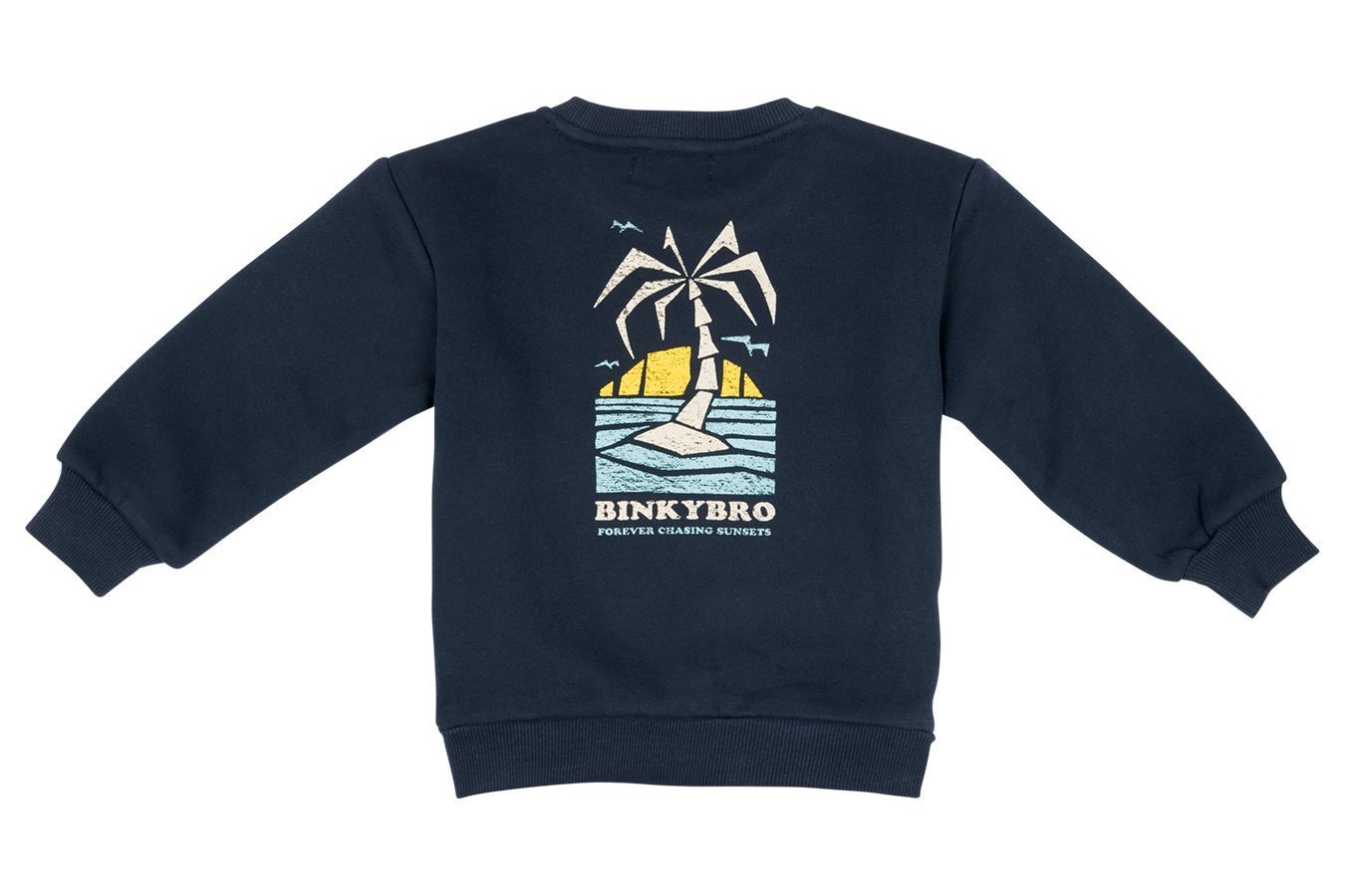 Navy sweatshirt featuring a beach scene with palm trees and a sunset, designed for infants and toddlers by BinkyBro.
