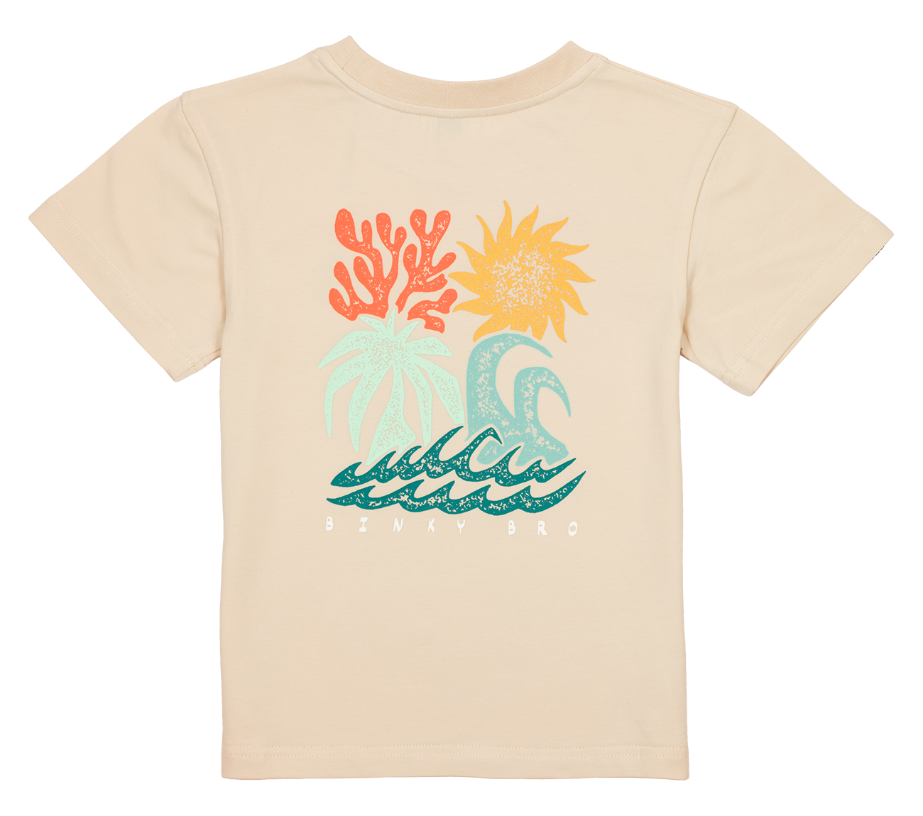 Light beige t-shirt featuring colorful ocean-themed graphics with coral, sun, palm trees, and waves, branded Binky Bro.