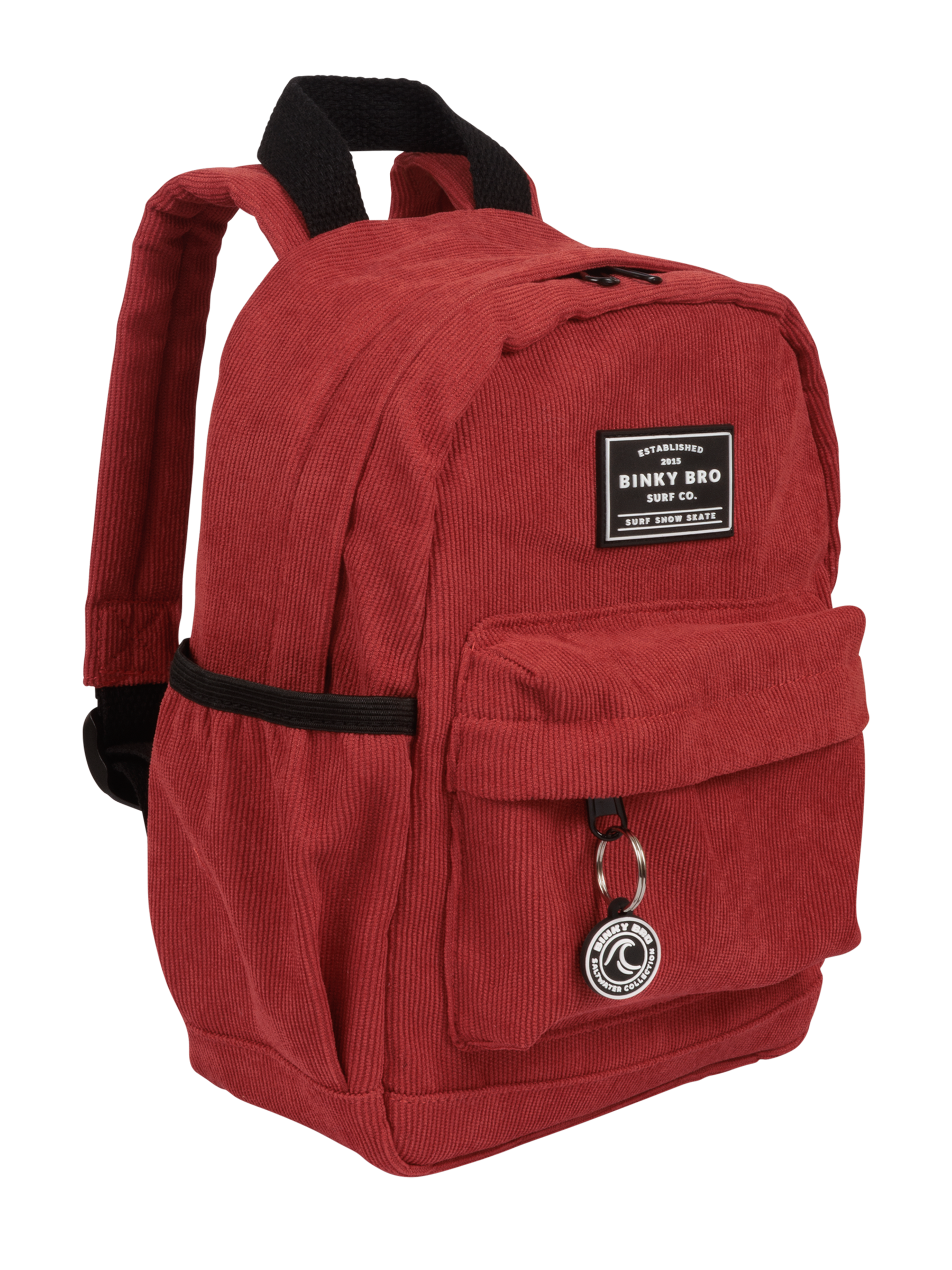 Blood orange corduroy backpack with adjustable straps, front pocket, and Dinky Bro logo for stylish kids' gear.