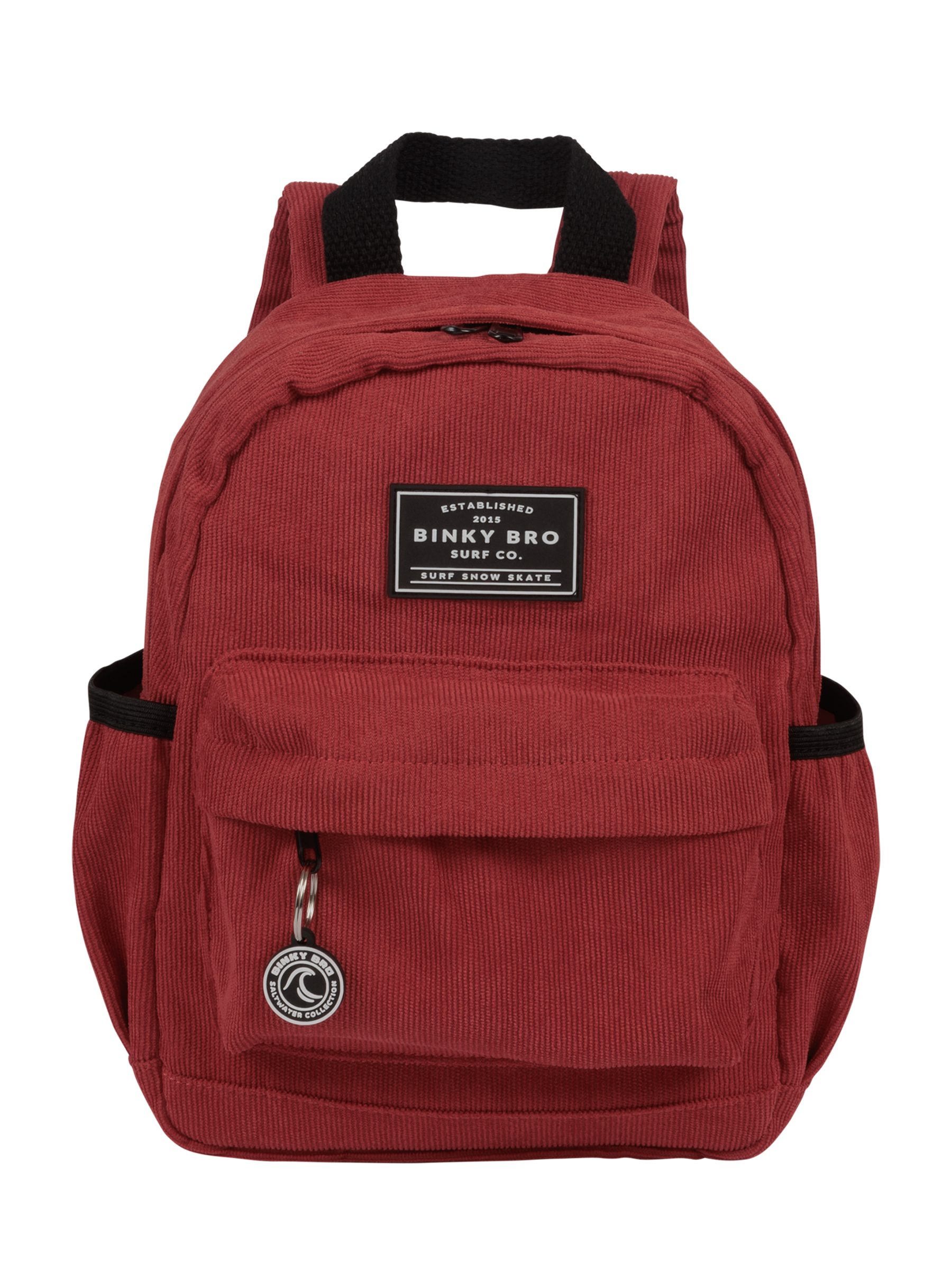Stylish blood orange cord backpack with a front pocket and adjustable straps, perfect for kids on the go.