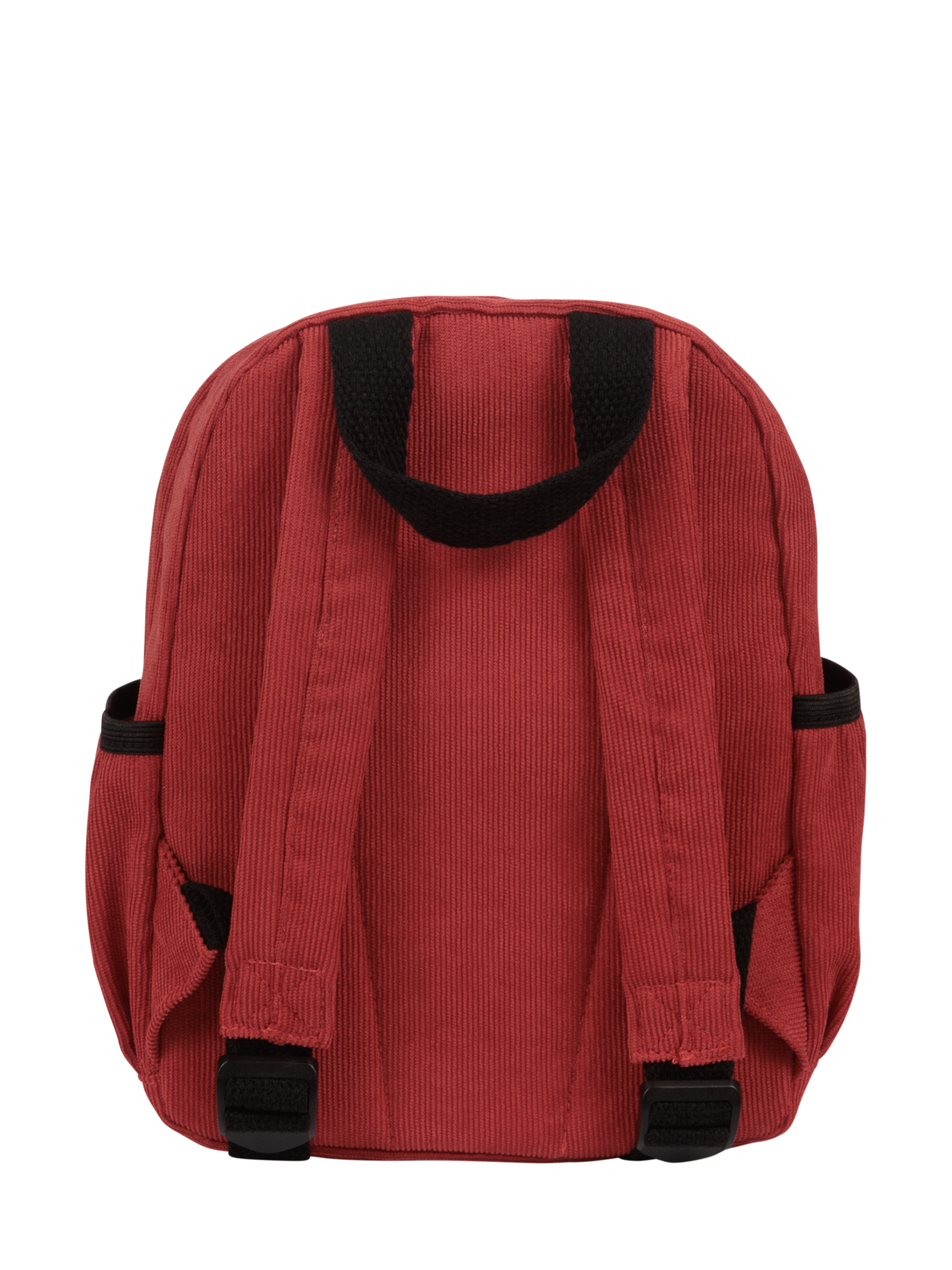 Stylish blood orange corduroy backpack with adjustable straps and side pockets, perfect for kids on the go.