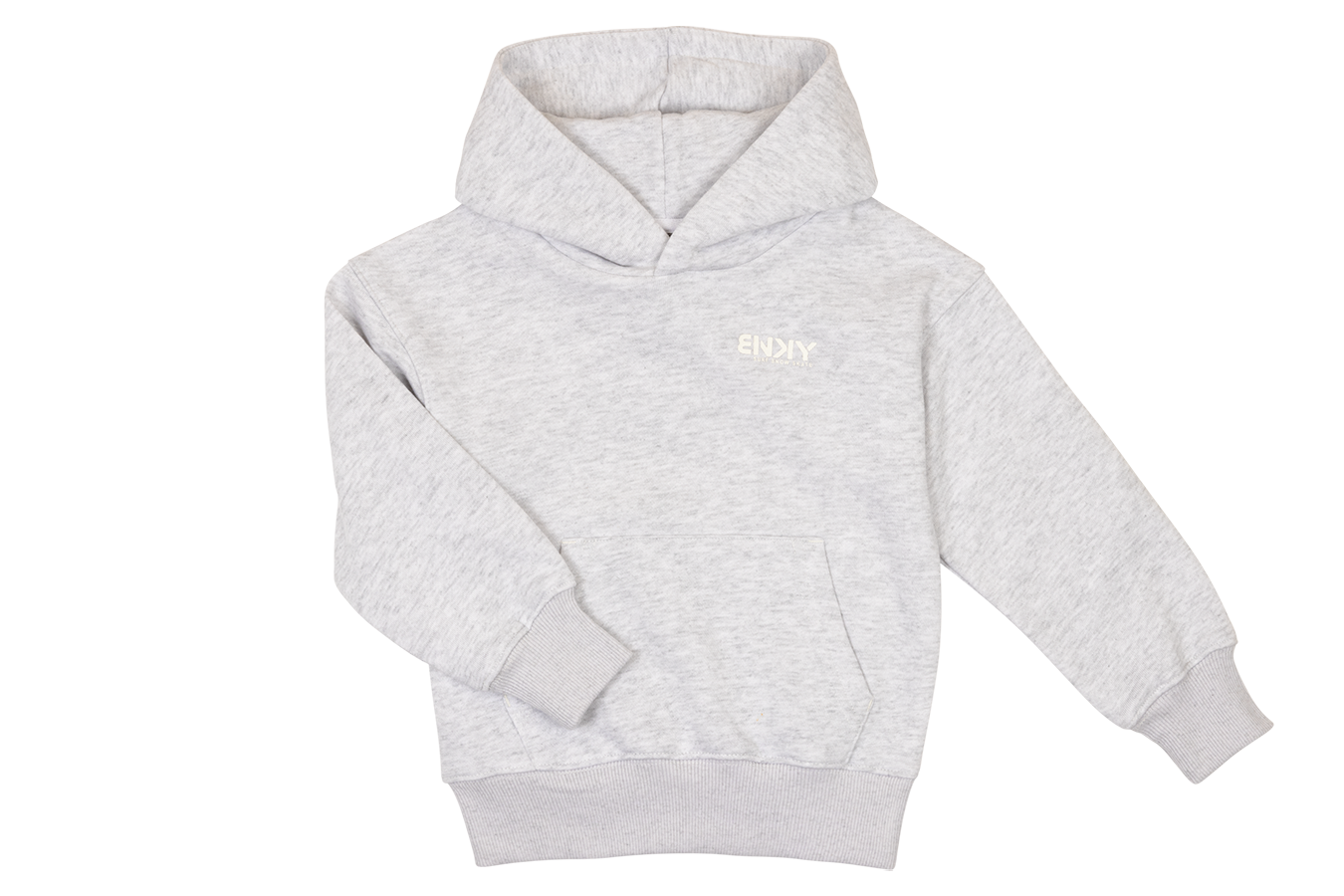 Light gray toddler hoodie with a front pocket and a hood, featuring the word "ENDAY" in subtle lettering.