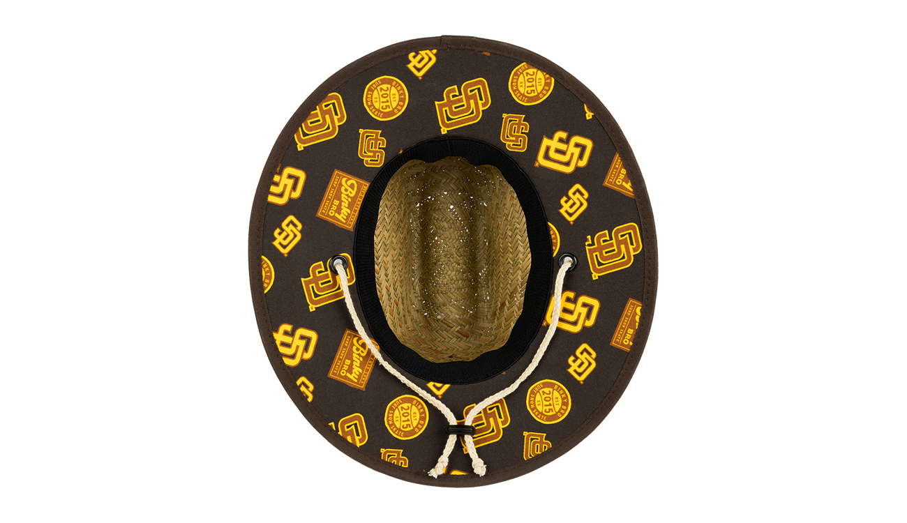 Stylish brown sun hat featuring Padres-themed patterns, perfect for infants and toddlers who love outdoor adventures.