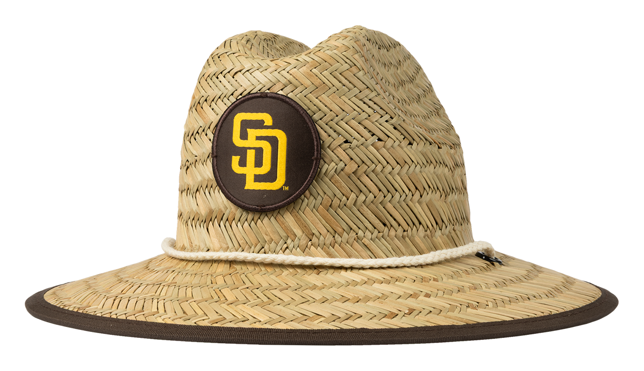 Stylish straw sun hat featuring a San Diego Padres logo, perfect for kids who love baseball and outdoor adventures.