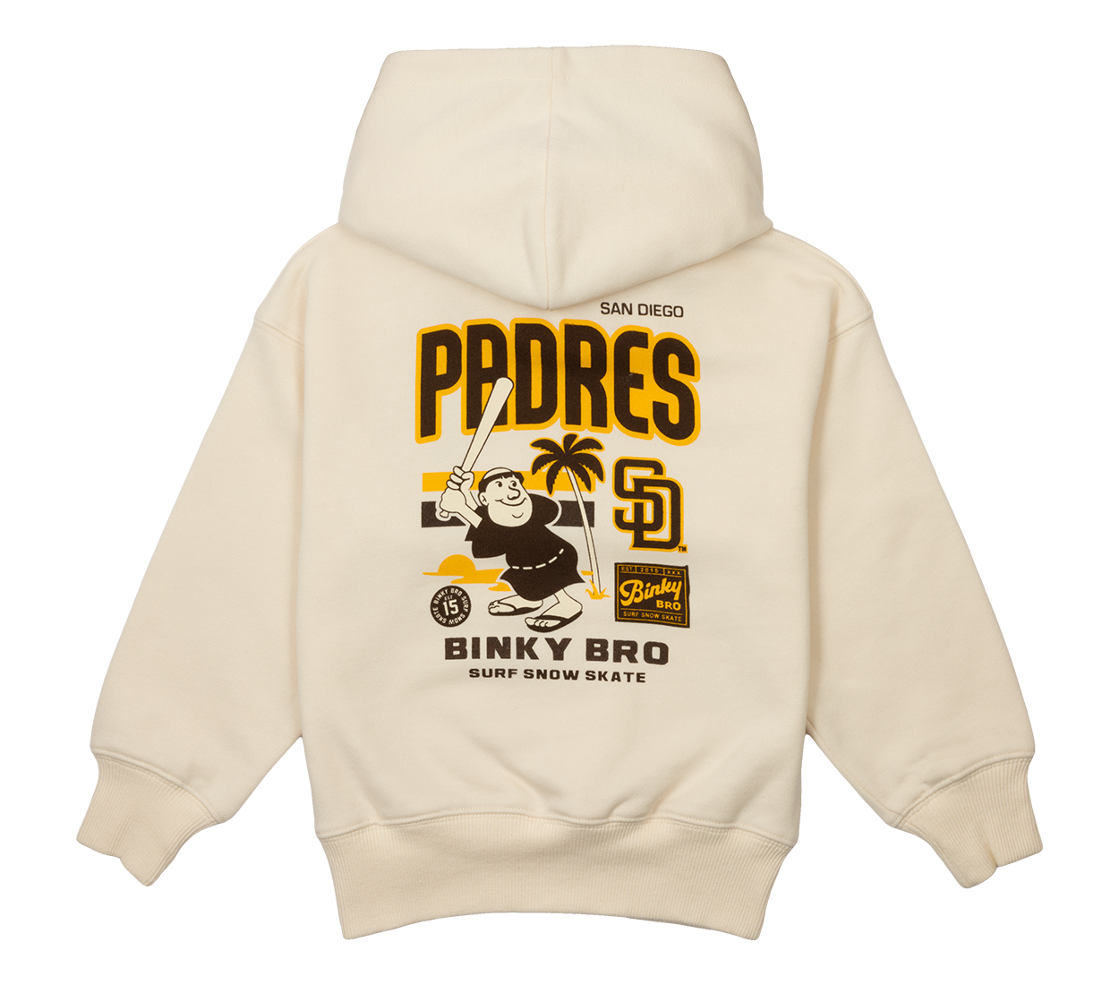 Cream hoodie featuring Padres Friar graphic, playful design with surf and skate elements for kids.