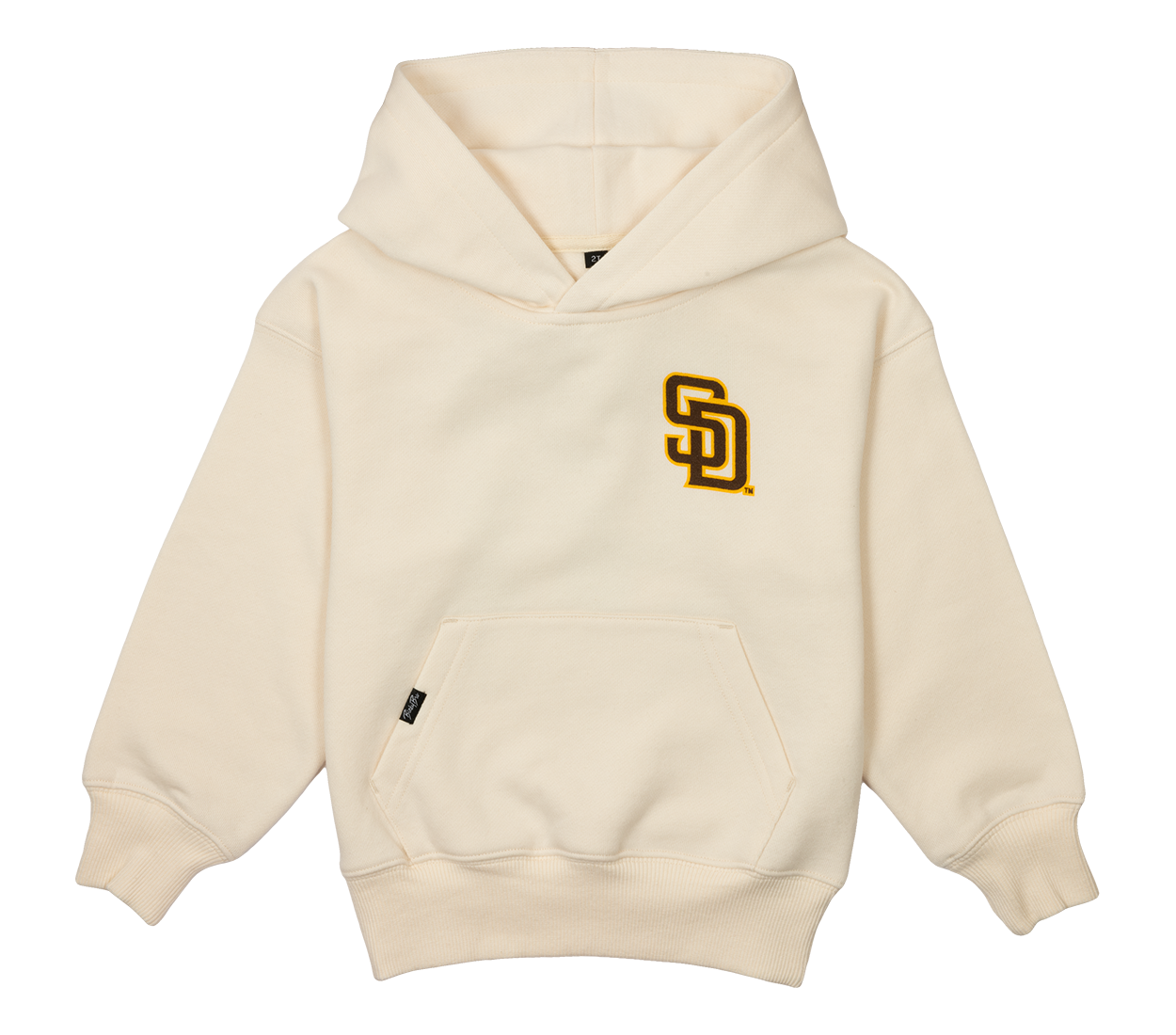 Bone-colored Padres Friar hoodie featuring a San Diego Padres logo on the chest and a front pocket for kids.