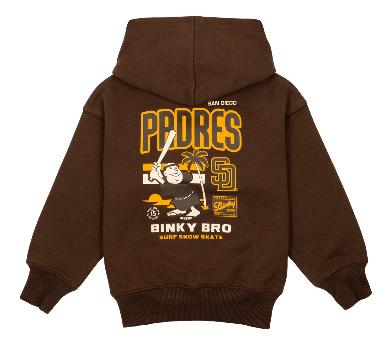 Brown Padres Friar hoodie featuring a playful graphic of the Friar mascot, surf and skate-inspired design for kids.