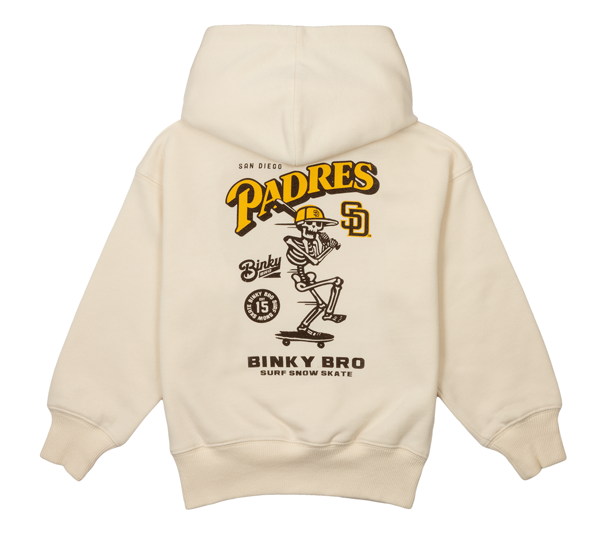 Cream-colored hoodie featuring a playful skeleton design with "Padres" and "Binky Bro" graphics, perfect for kids.