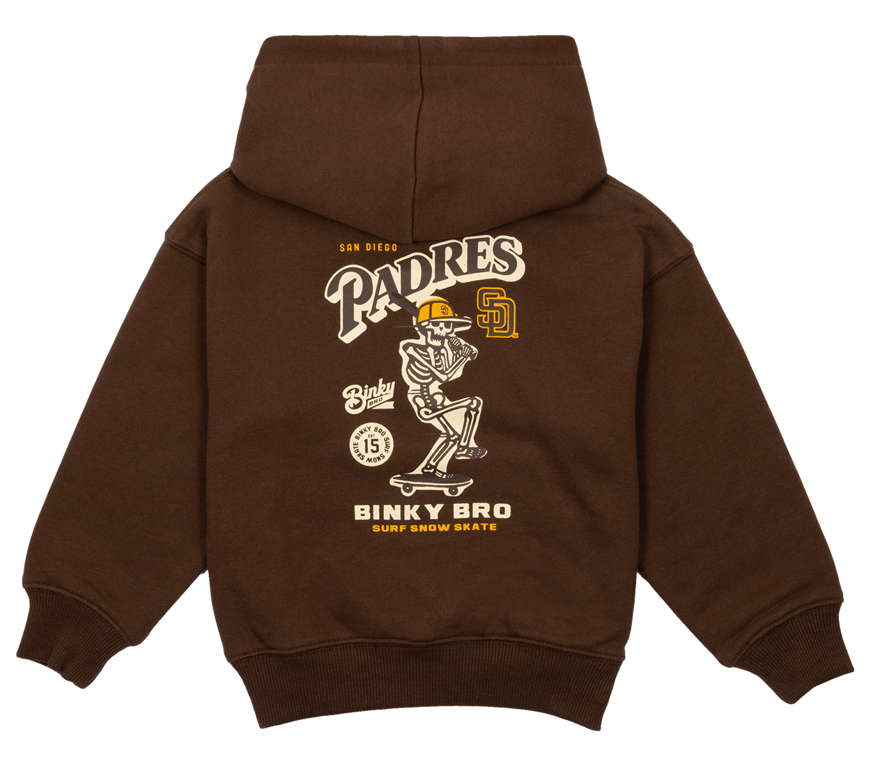 Brown hoodie featuring a San Diego Padres skeleton graphic on the back, designed for kids with a surf-snow-skate vibe.