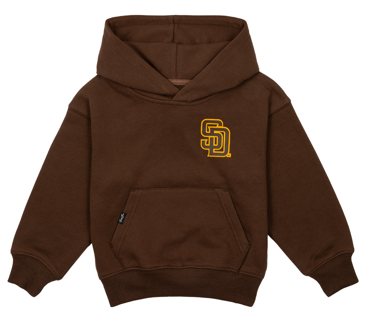 Brown hoodie for kids featuring a San Diego Padres logo on the chest and a front pocket, perfect for stylish comfort.