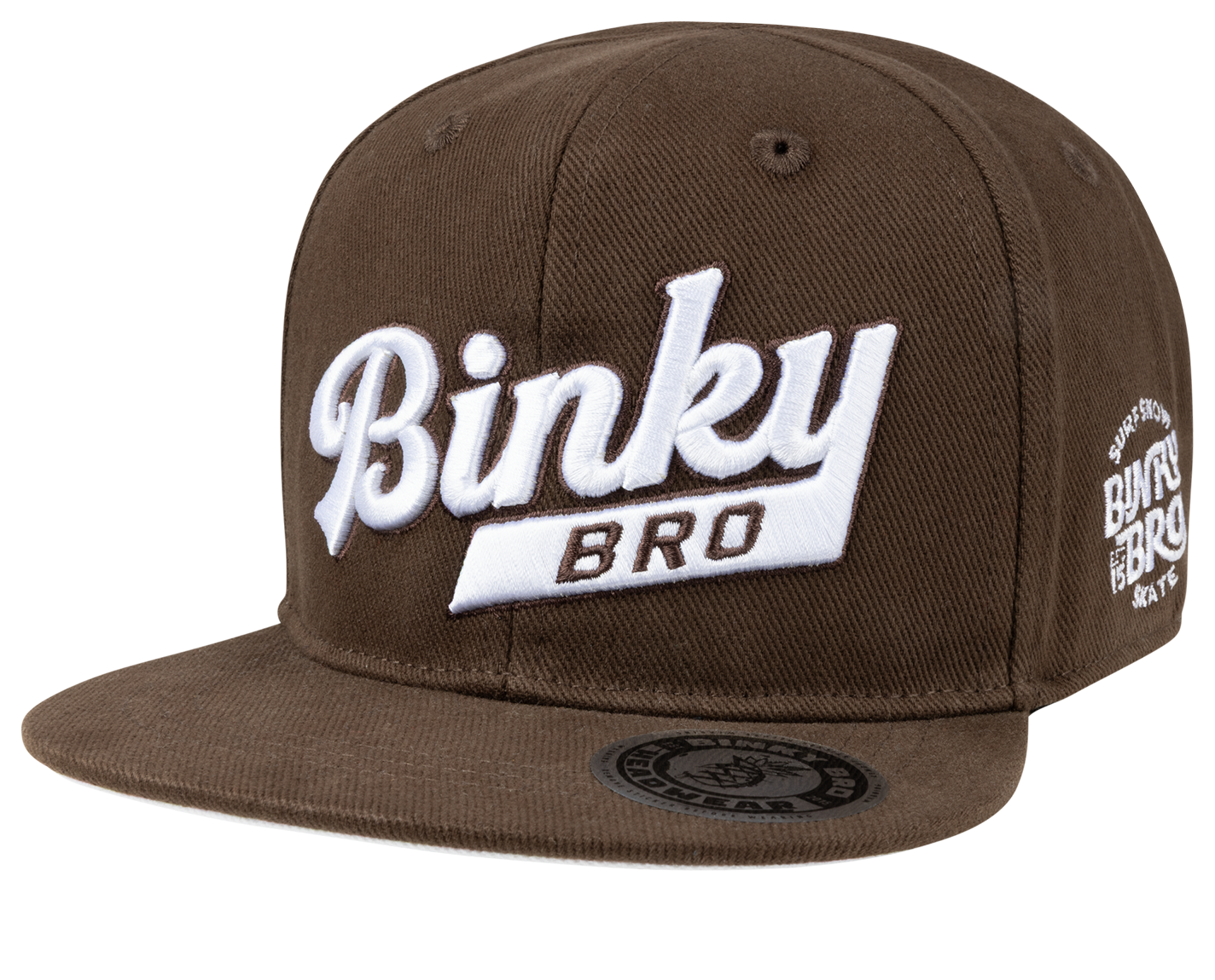 Brown snapback hat featuring bold white "Binky Bro" logo and side branding, designed for stylish kids and toddlers.