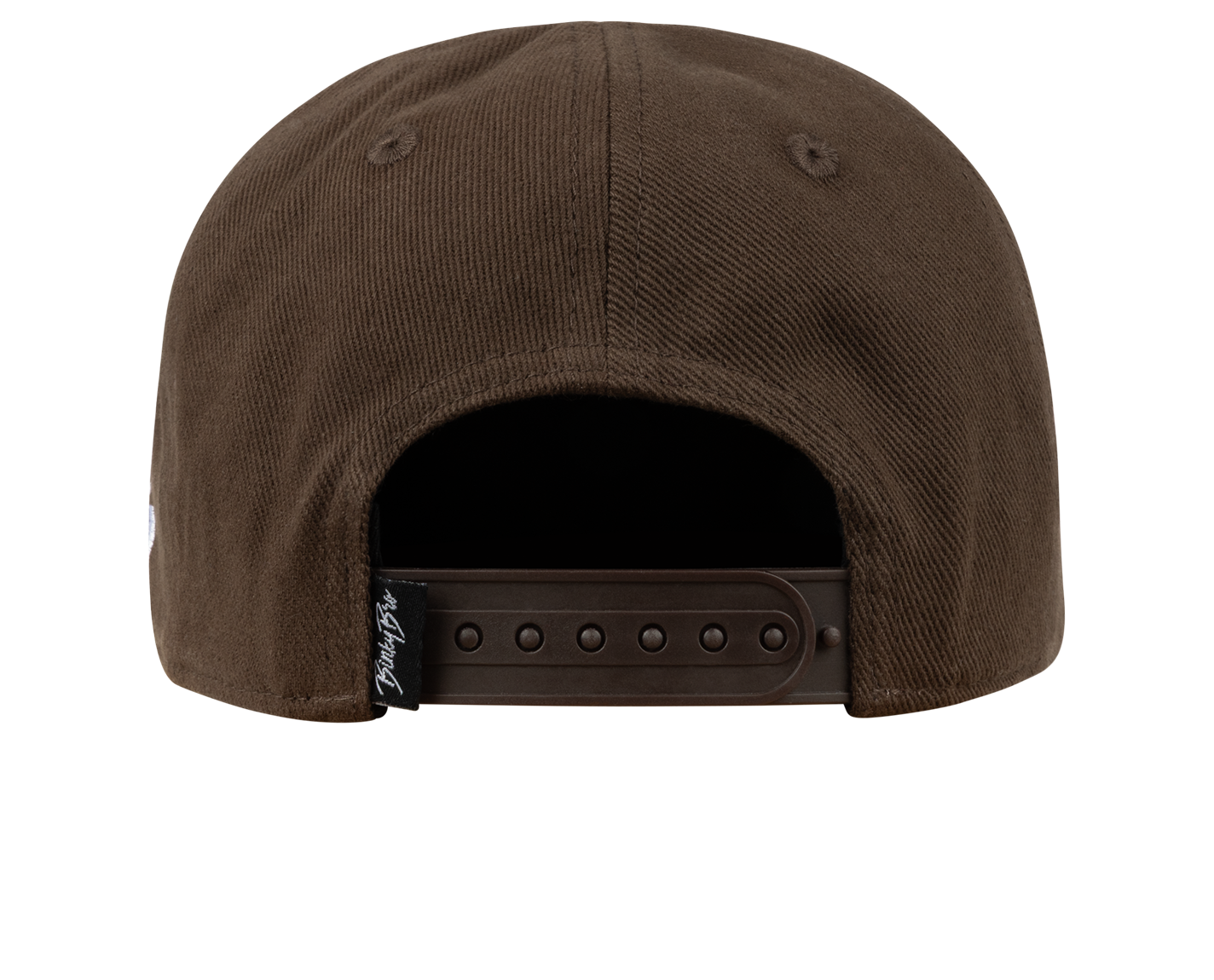 Brown snapback hat with an adjustable strap and logo tag, designed for kids with a stylish, outdoor vibe.