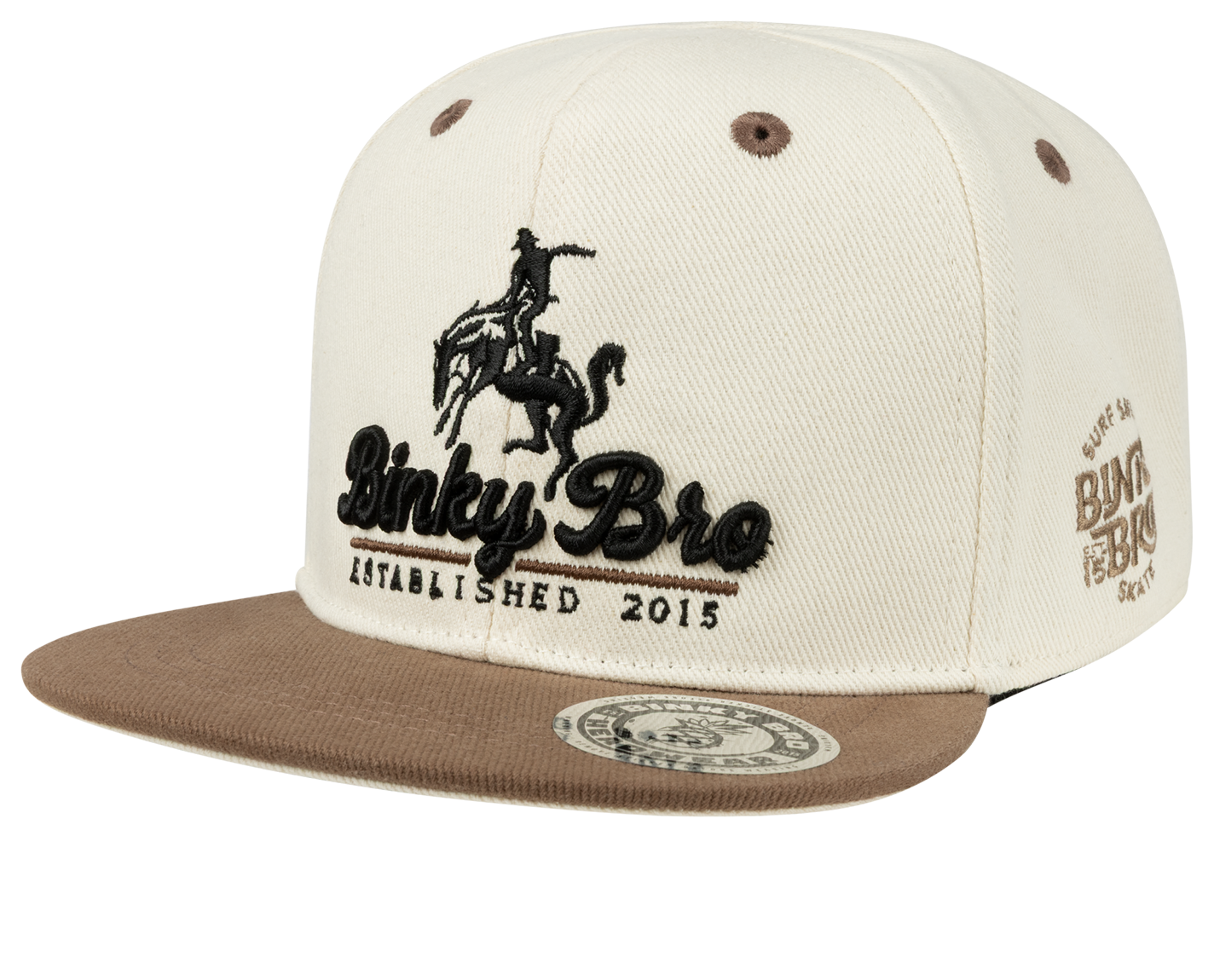 Stylish beige snapback hat with brown brim featuring Binky Bro logo and cowboy graphic, perfect for kids' casual wear.