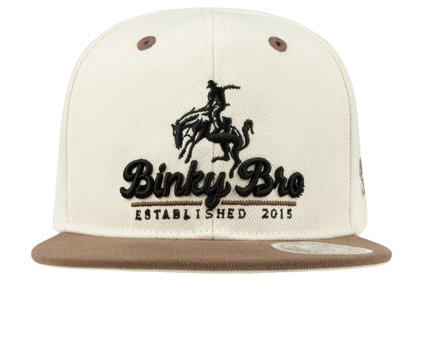 Stylish cream snapback hat with a brown brim, featuring a cowboy graphic and "Binky Bro Established 2015" logo.