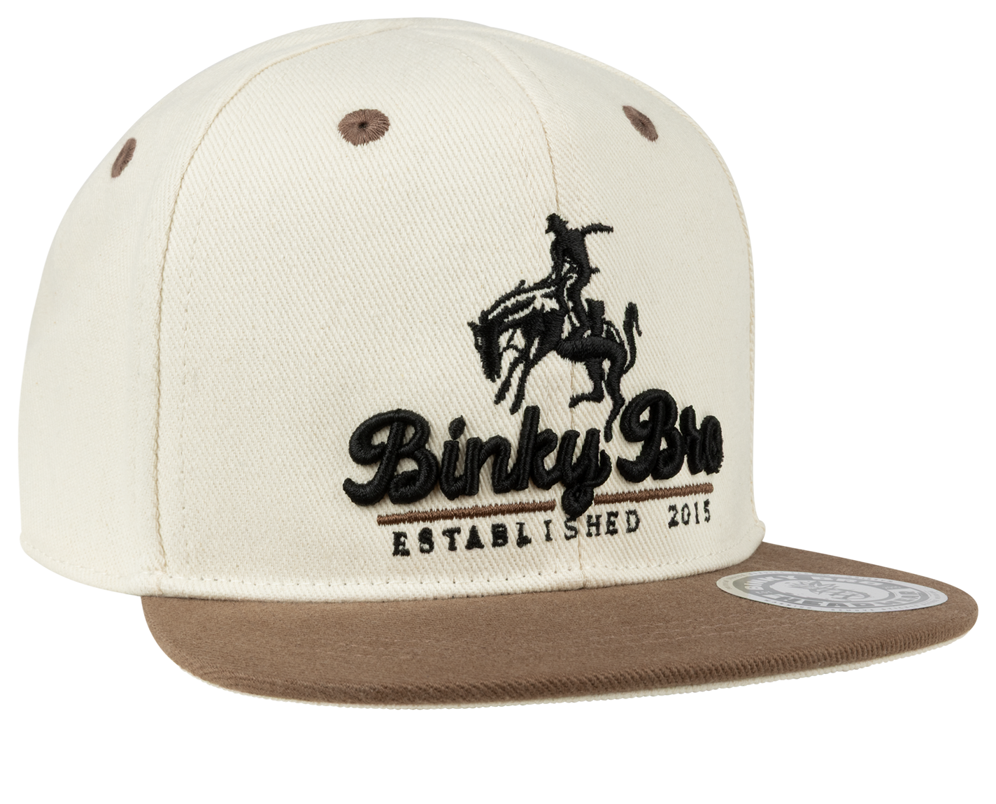 Stylish cream snapback hat with brown brim featuring Binky Bro logo and cowboy graphic, perfect for kids' outdoor adventures.