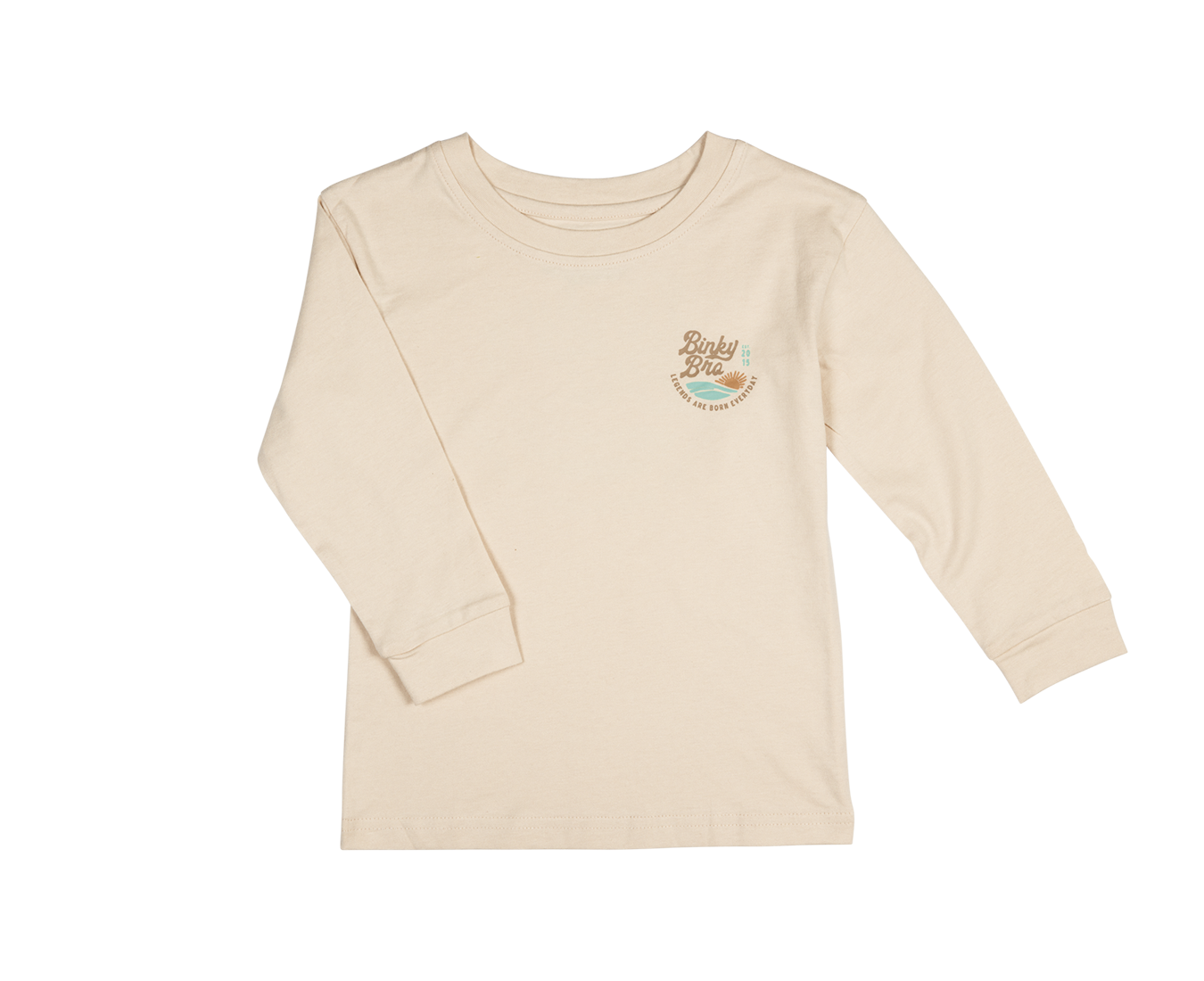 Light beige long sleeve shirt featuring a small BinkyBro logo on the chest, designed for infants and toddlers.