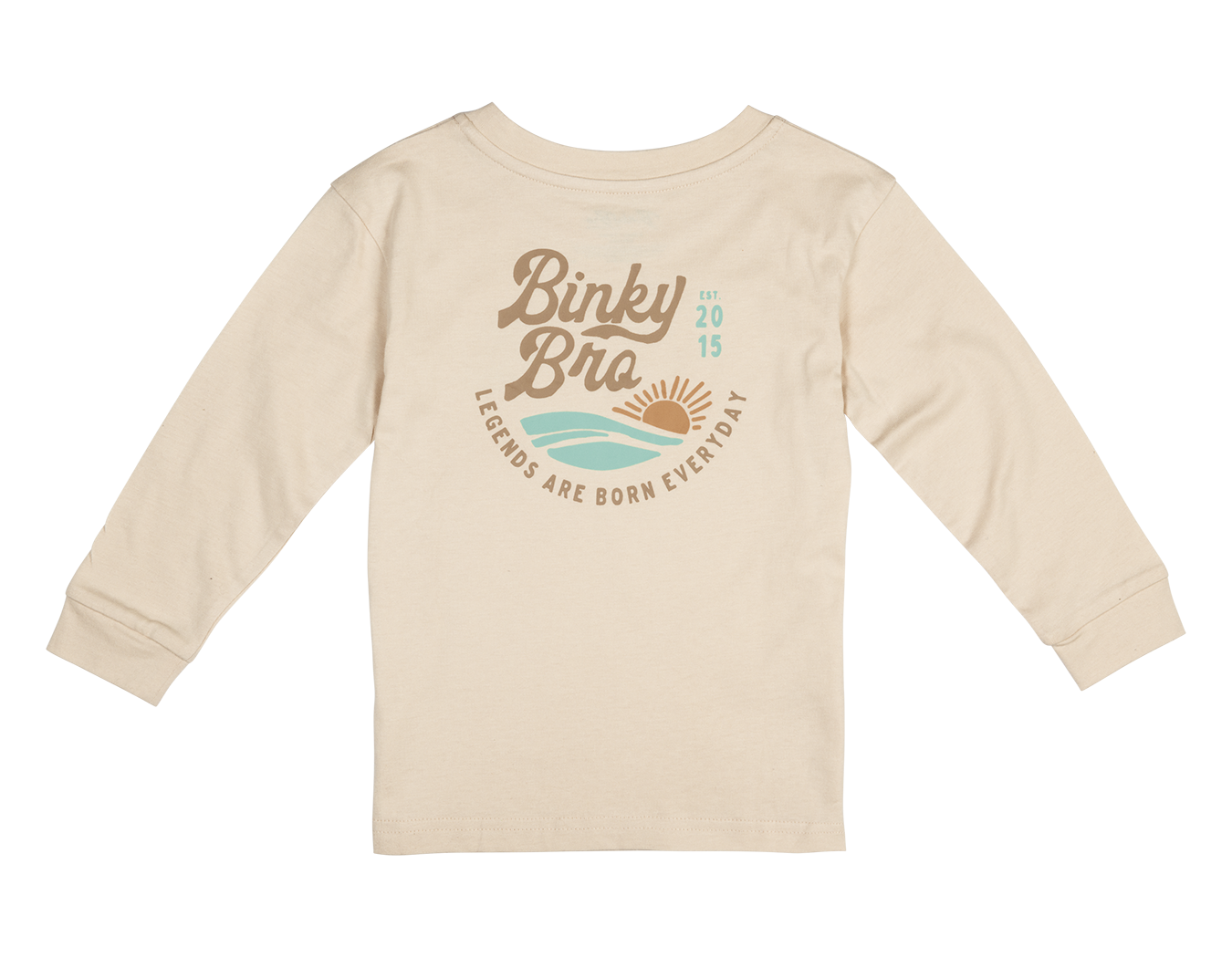 Beige long sleeve shirt featuring BinkyBro logo and "Legends Are Born Everyday" text, perfect for kids.