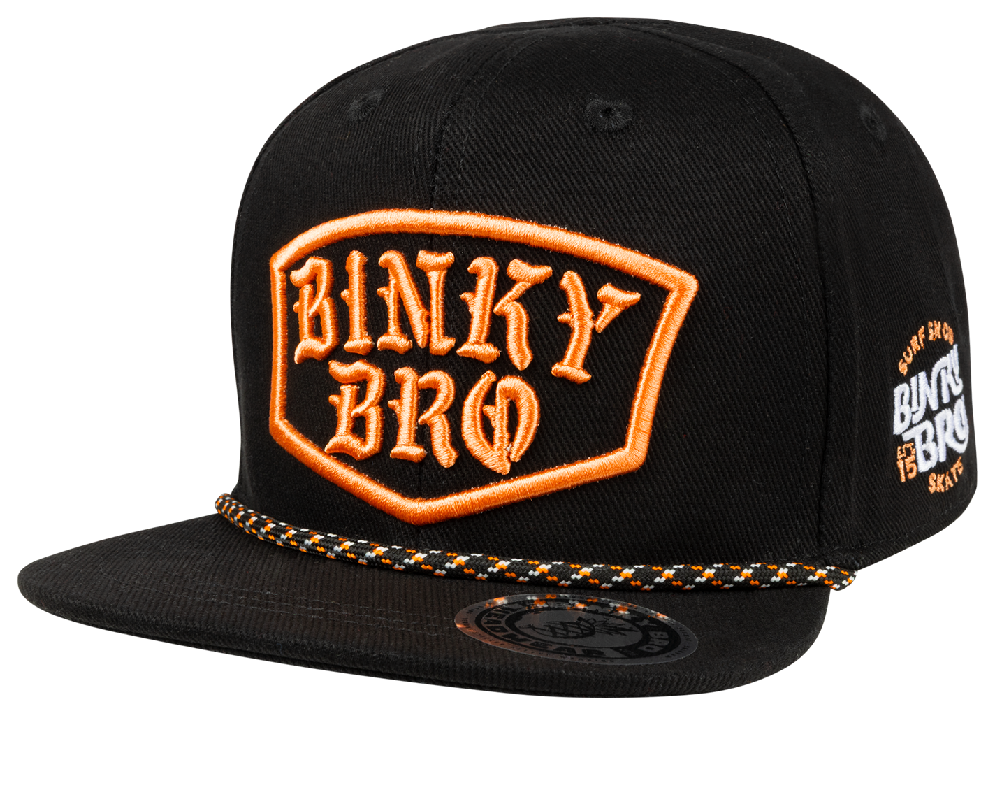 Black snapback hat featuring an orange embroidered Binky Bro logo and a decorative braided strap. Perfect for stylish kids.