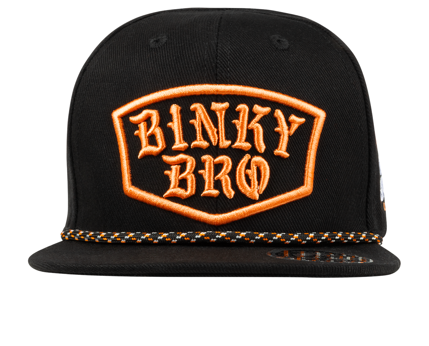 Black snapback hat featuring an orange embroidered "Binky Bro" logo and a decorative braided band. Ideal for stylish kids.