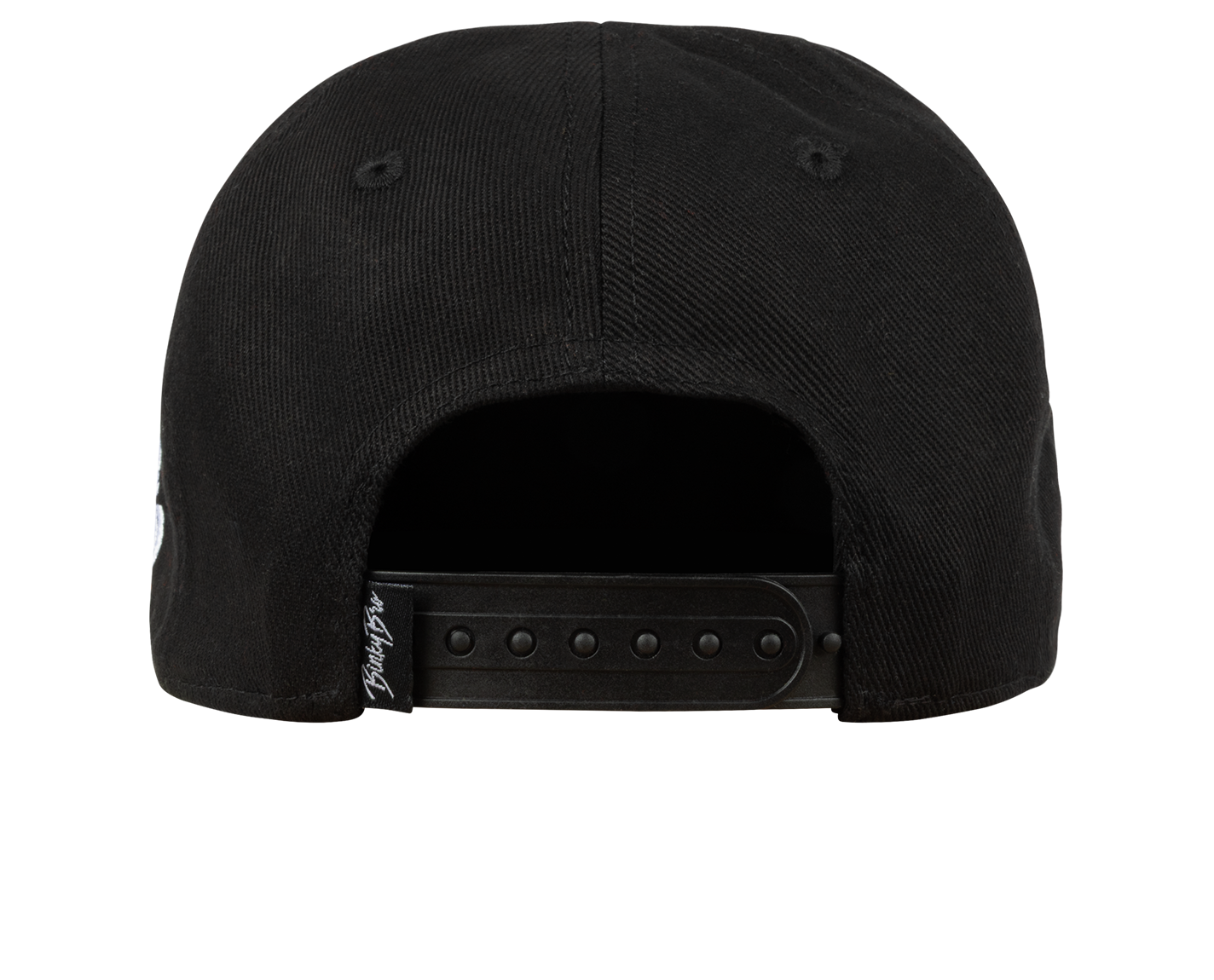 Back view of a black snapback hat with an adjustable strap, showcasing a sleek and stylish design for kids.