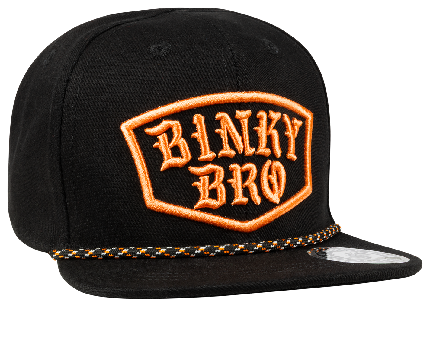 Black snapback hat featuring an orange embroidered "Binky Bro" logo and a decorative braided trim. Stylish for kids.