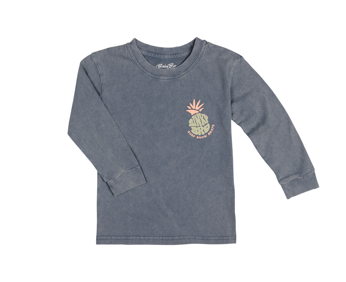 Long sleeve shirt in faded blue with a pineapple graphic and BinkyBro logo, designed for kids' casual wear.
