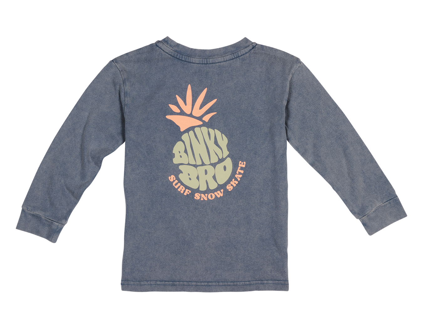Back view of BinkyBro Pines Long Sleeve shirt featuring a pineapple graphic and surf-snow-skate text in pastel colors.
