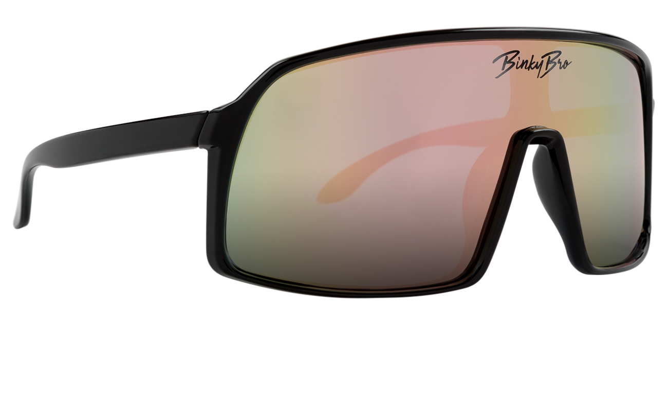 Stylish black sunglasses with salmon-tinted lenses, perfect for outdoor adventures and a trendy look for kids.