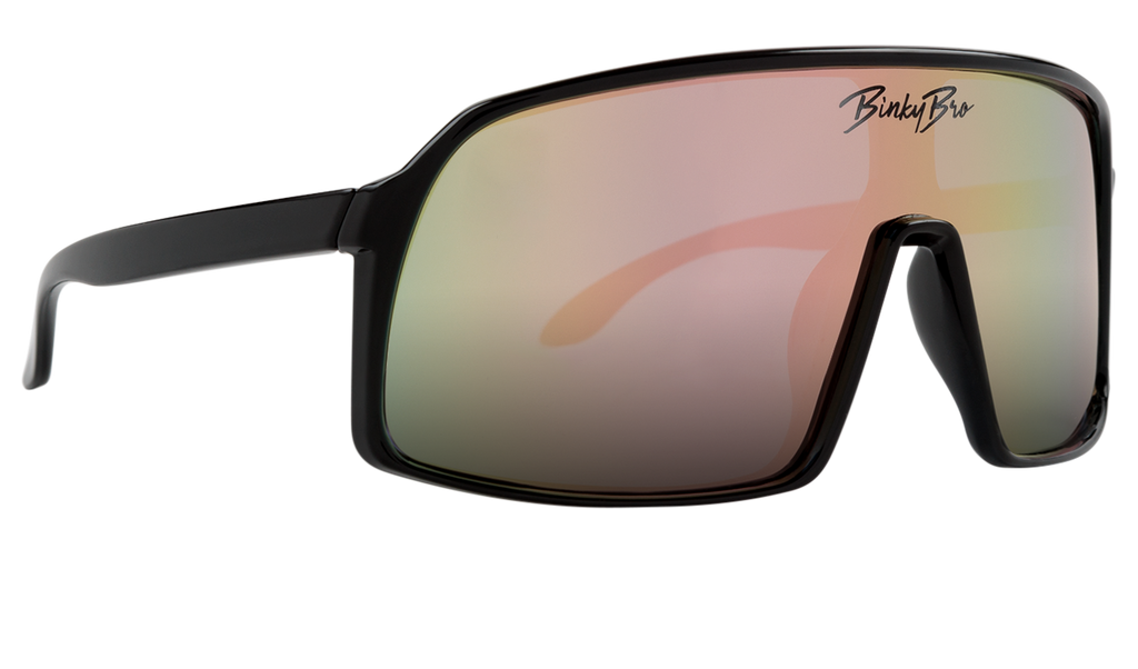 Our Monteverde Salmon sunglasses have black rims with a salmon reflective colored lens. Our BinkyBro signature logo is present on the top-middle of the lens. Size fits best for kids in the 18 months - 5 year range.