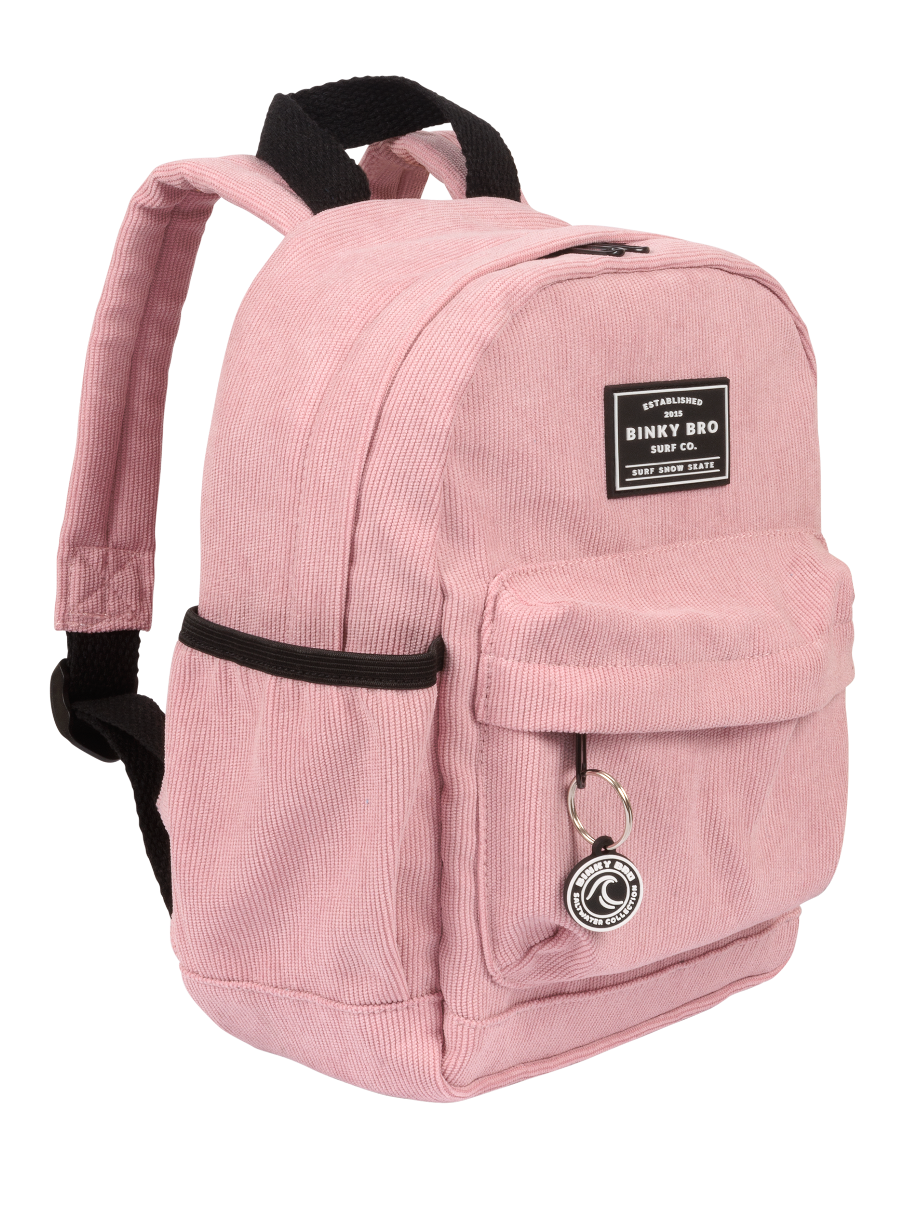 Pink corduroy backpack with adjustable straps, front pocket, and BinkyBro logo, perfect for kids' stylish adventures.