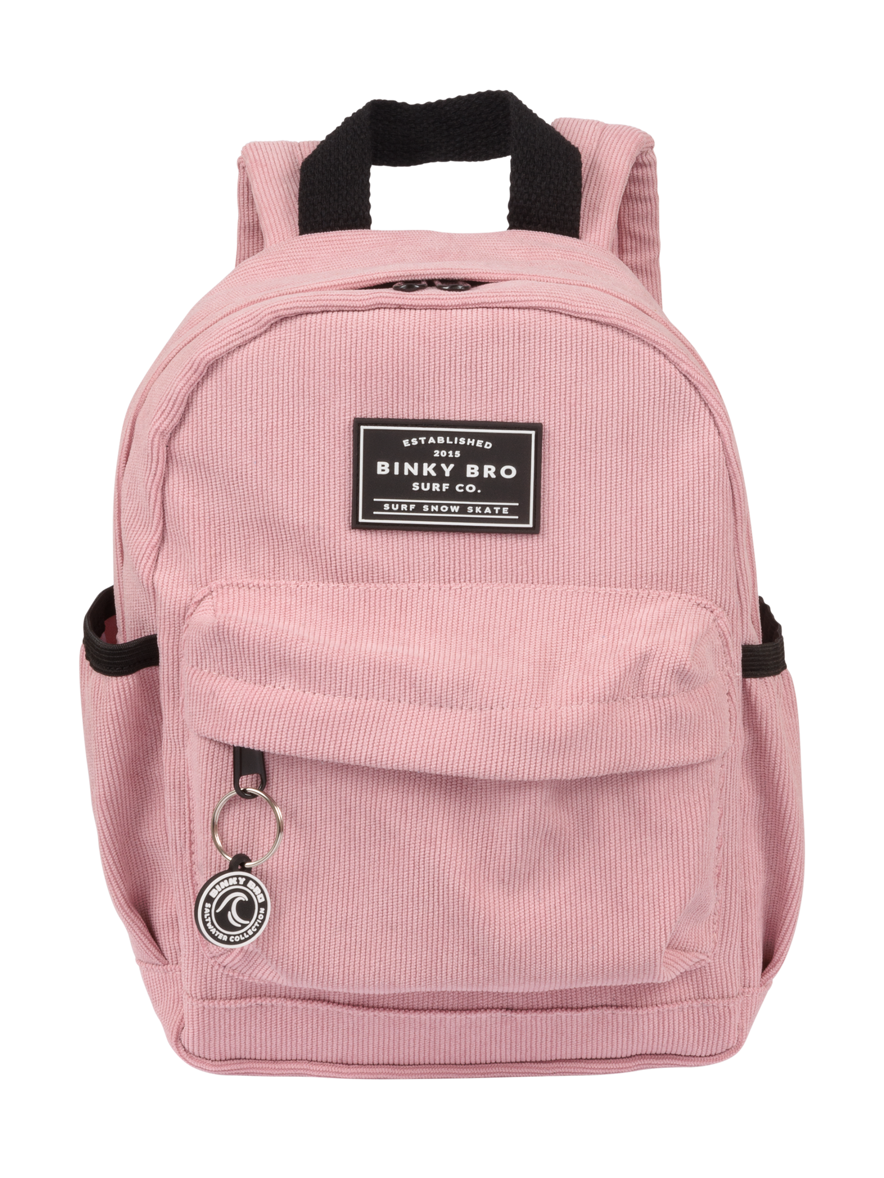 Pink corduroy backpack featuring a front pocket and Binky Bro logo, perfect for stylish kids on the go.