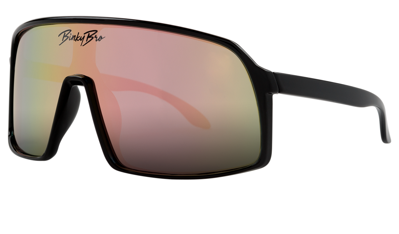 Stylish black sunglasses with salmon-tinted lenses, perfect for outdoor adventures and a surf-snow-skate lifestyle.