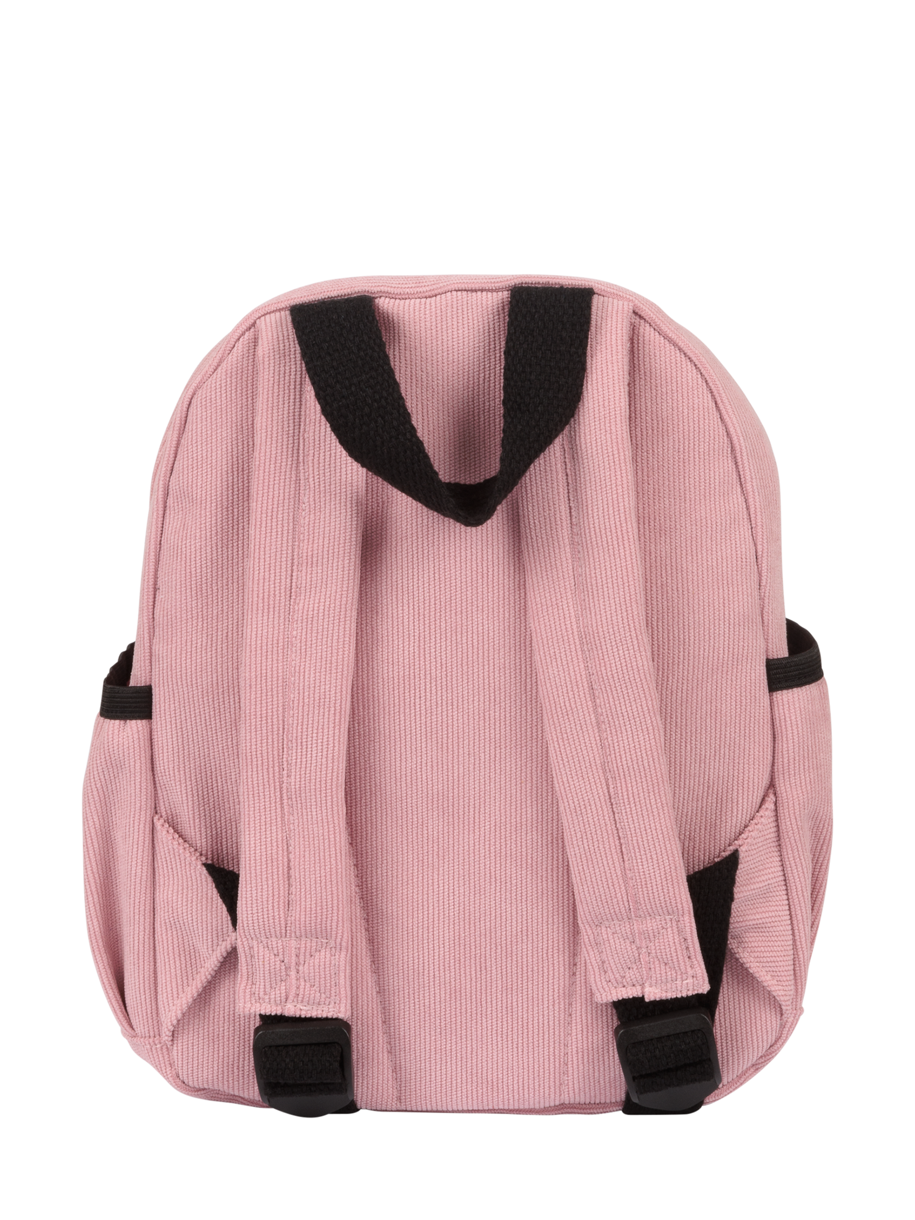 Pink corduroy backpack with black straps and side pockets, perfect for kids' stylish and functional everyday use.
