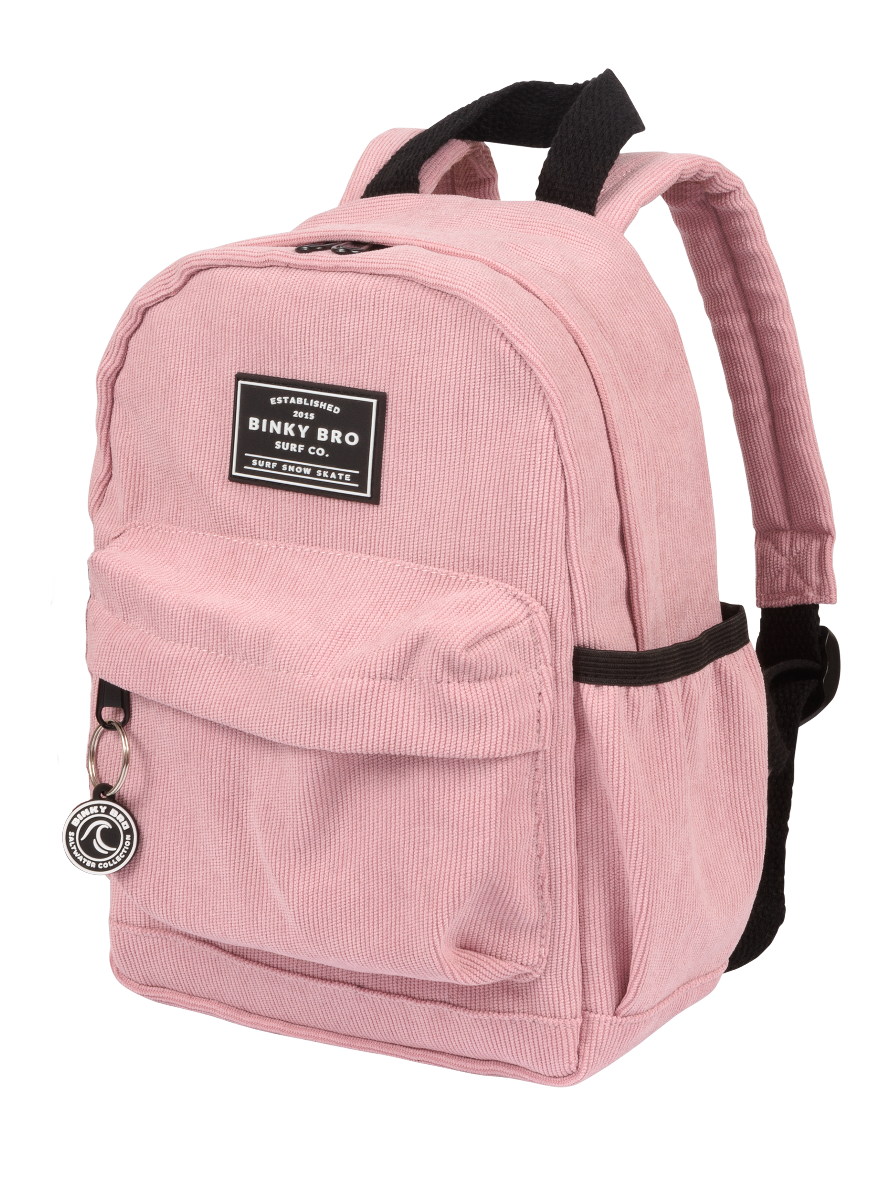 Pink corduroy backpack with a front pocket, adjustable straps, and a logo patch, perfect for kids' stylish adventures.